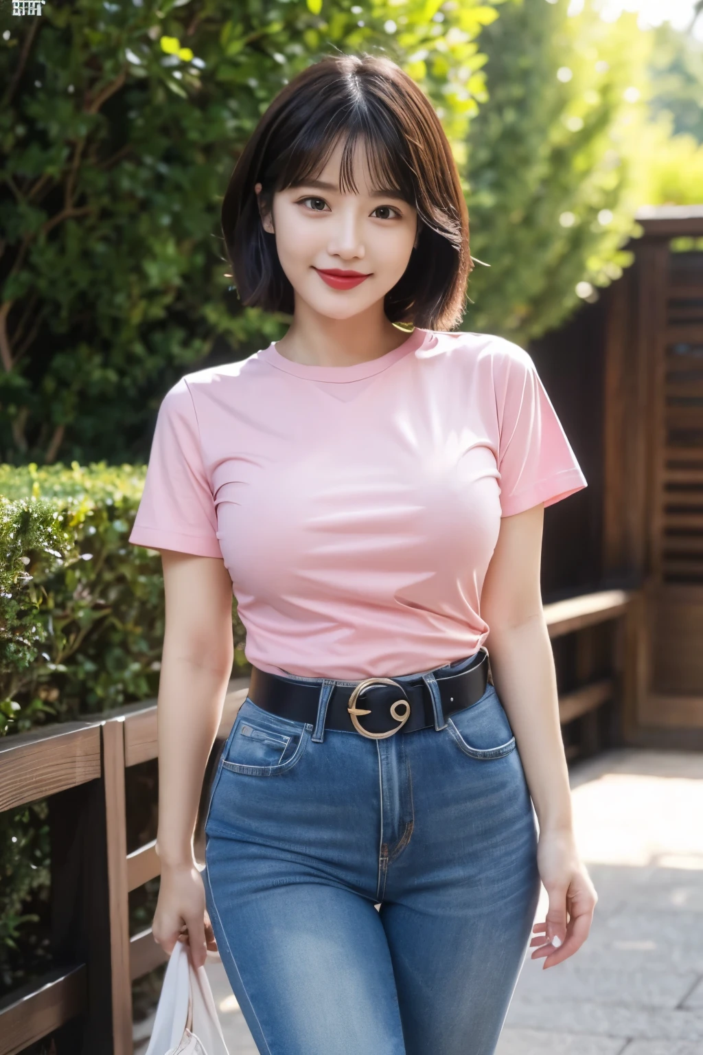 Draw lips correctly, red lipstick, from chest up, best quality, Super detailed, lifelike, Super fine skin, perfect anatomy, (1 日本Mature的女人), (alone),Wear a pink crew neck shirt,
short sleeves,blue jeans,black belt,short hair,37-year-old female,Mature,charming smile,outdoor background,stand,Leg length,Chubby,Big breasts,stand up,full-body shot
