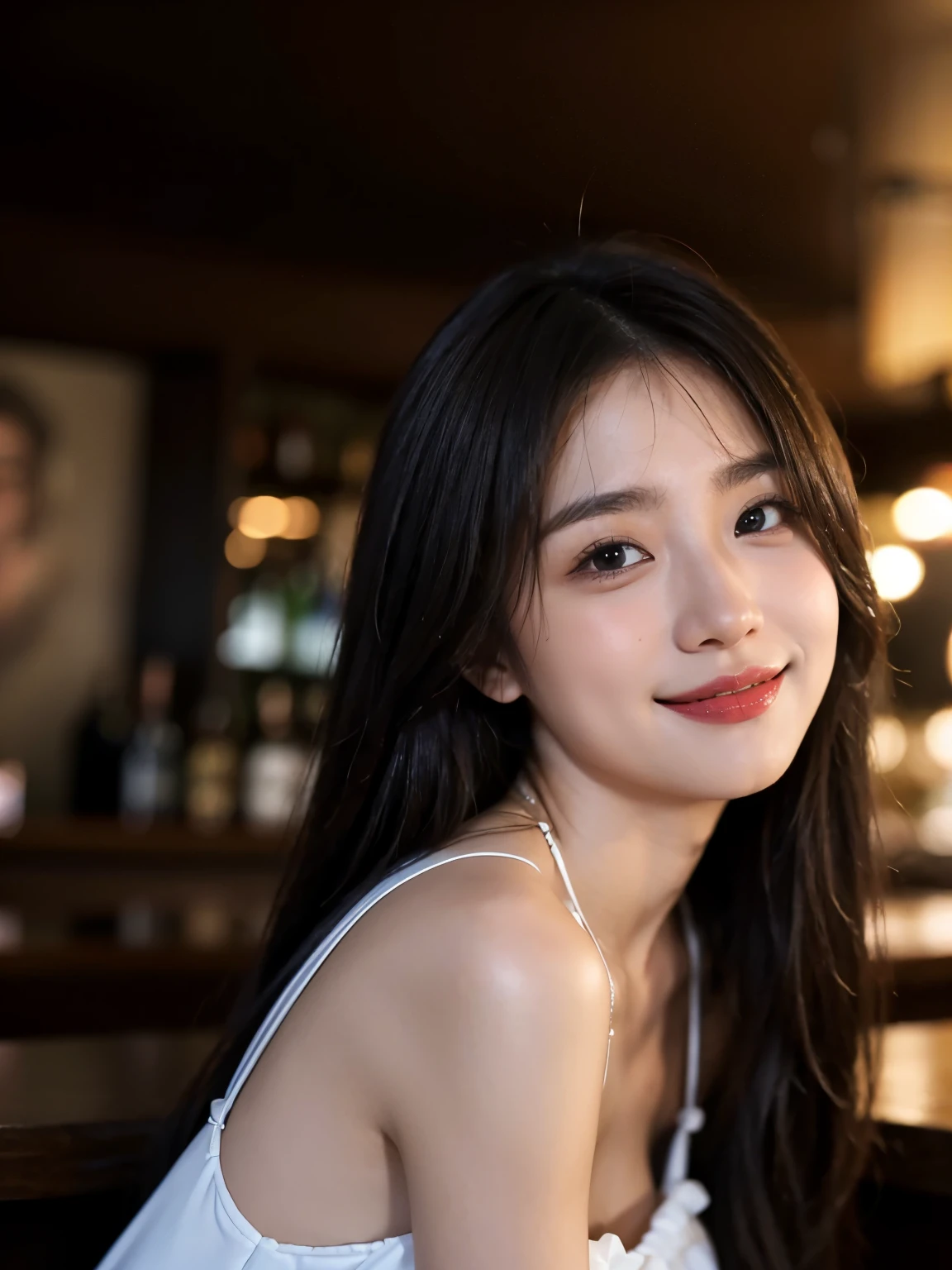 Smiling woman, in a bar, Masterpiece, 8k, raw photo, ultra realistic, highly detailed, UHD, Extreme close-up of cute Korean female, Chest size 32 inches, Long hair, slightly smile, wearing light gorgeous short dress, in the bar,night, blurred background, body facing forward,