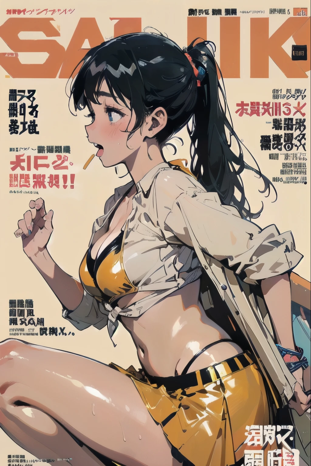 beautiful anime-style girl, ,clean small surfaces,  cyberpunk, bikini-armor、 (magazine cover:1.8)、((From the side:1.8))、(stretch your back)、(dynamic pose:1.1), Cute 1 girl, highest quality、ウルトラ - High resolution、High resolution、Highly detailed CG、8k unit wallpaper、17 years old、detailed and beautiful eyes, pigtails、(((colorful super shiny latex bikini)))、((( black skin, open chest shirt, Latex Super Mini Skirt, tech sneakers, cleavage ,)))、(shiny body,:1.5)、blush, Sweat,please be shy、(Ahegao:1.5)、(stick out your tongue)、red blush、please be shy、(Ahegao:1.5)、full of embarrassment、turned up skirt