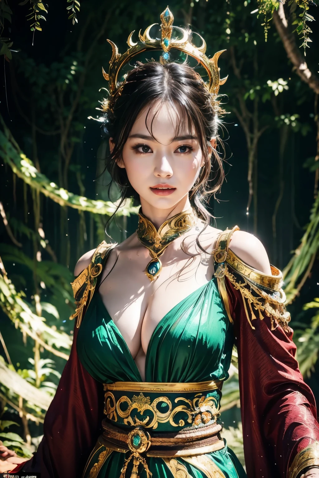 Subject: A mysterious and alluring close-up of Queen Medusa during her graceful dance in an enchanted forest. Her long, flowing gown is adorned with intricate details, shimmering in the deep purple and emerald green light of the fantasy environment. The forest around her is filled with ancient trees and exotic foliage, casting a mesmerizing glow over her regal figure. Her snake hair undulates gently as she dances, adding to the enchanting atmosphere. The Art Style evokes a sense of magic and wonder, transporting viewers into a land of fantasy.