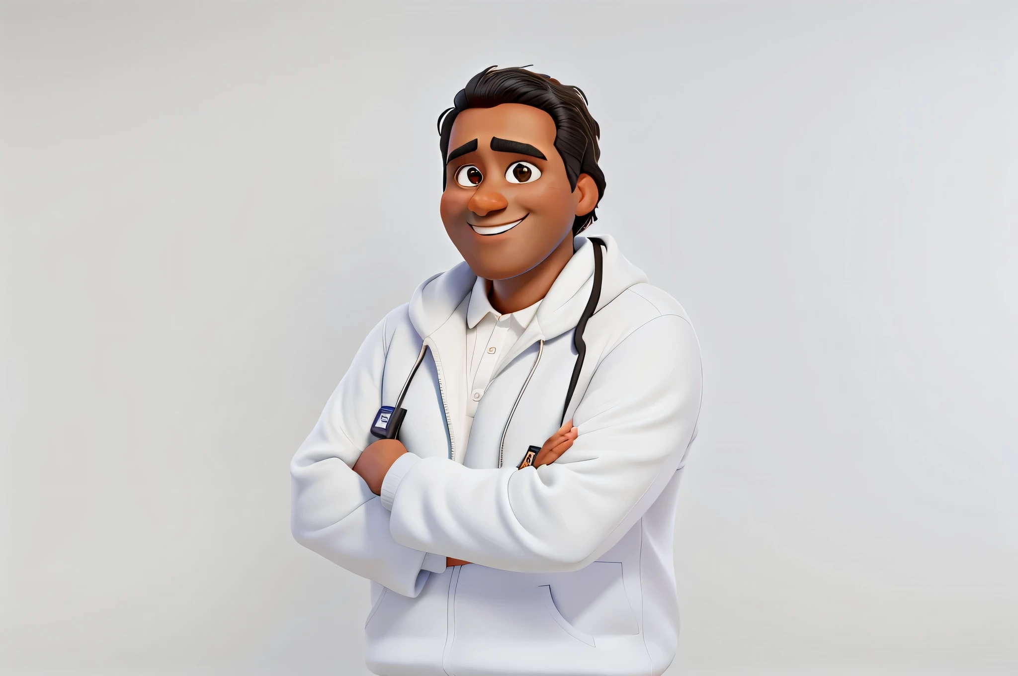 Disney Pixar style, 50-year-old man with dark skin, brown skin, brown eyes, black hair, clean shaven, smiling