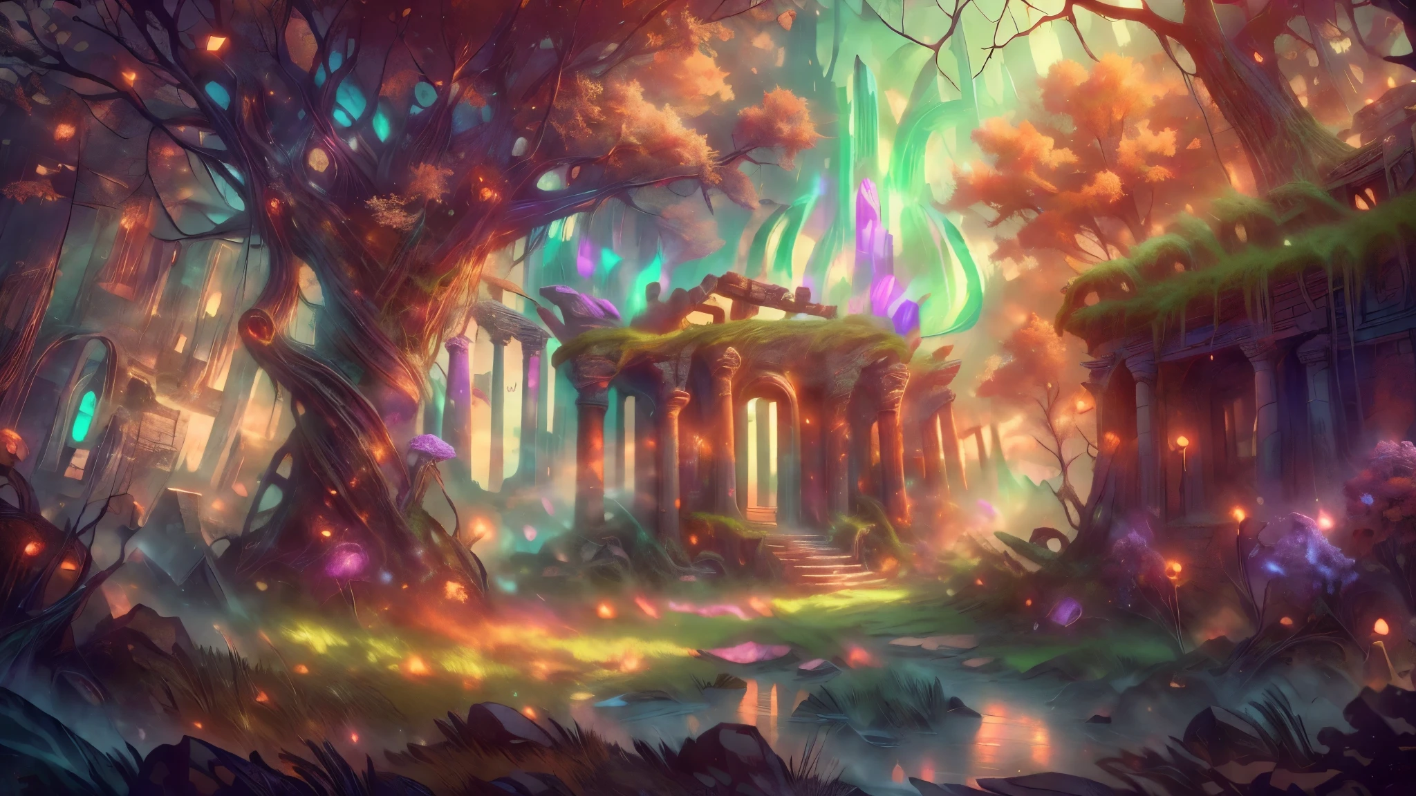 Masterpiece, best quality, 8k, panoramic view, ancient ruins, shadows of decaying houses and paintings, witnesses of once great wealth, colorful flora and fauna, ethereal atmosphere, ethereal light, whispering trees, magical whispers, harmony of nature, ethereal magic ,