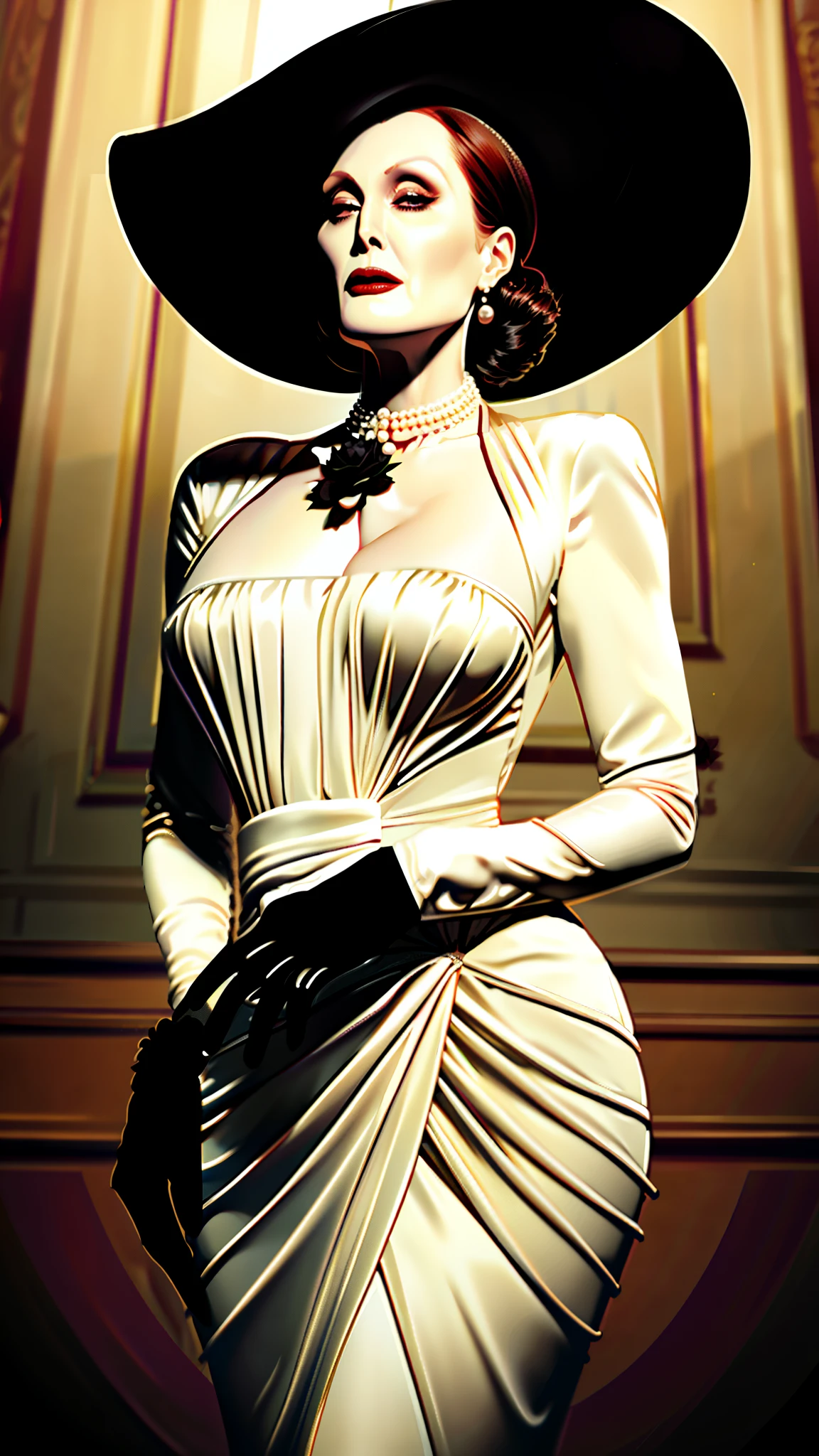 best quality, Julianne Moore, masterpiece,
(1mom, big-vampire-mommy, Alcina-Dimitrescu:1.05), 1girl, solo, breasts, large breasts, black_hair, gloves, hat,  sun_hat, dress, white dress, long dress, cleavage, jewelry, earrings, tall female, mature female, pale_skin, yellow eyes, makeup, pearl necklace, black rose, black flower, looking at viewer,