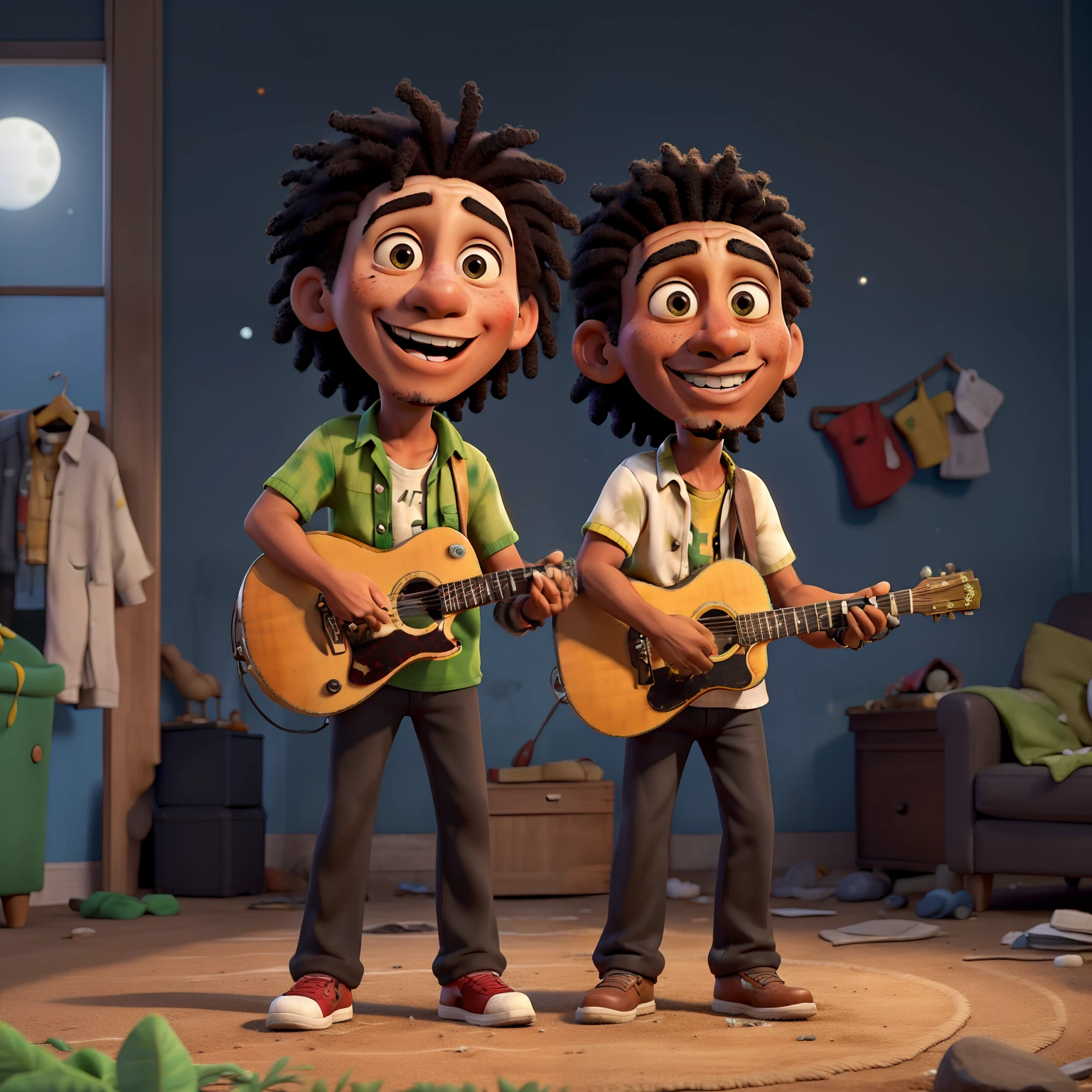 Title: "Unlikely Allies: A Black and White Tale"

Subtitle: "Bob Marley and Pablo Escobar - An Unforgettable Laughter"

Description:
Amidst the harsh contrasts of a monochrome world, an intriguing story unfolds. Two legendary figures, Bob Marley and Pablo Escobar, share an uncommon moment, their laughter echoing through the stillness.

In the heart of the scene, Bob Marley, dressed in his iconic red, green, and gold outfit, plays his ever-present guitar. His eyes, full of mirth, sparkle under the dim glow of the moonlight. A peaceful