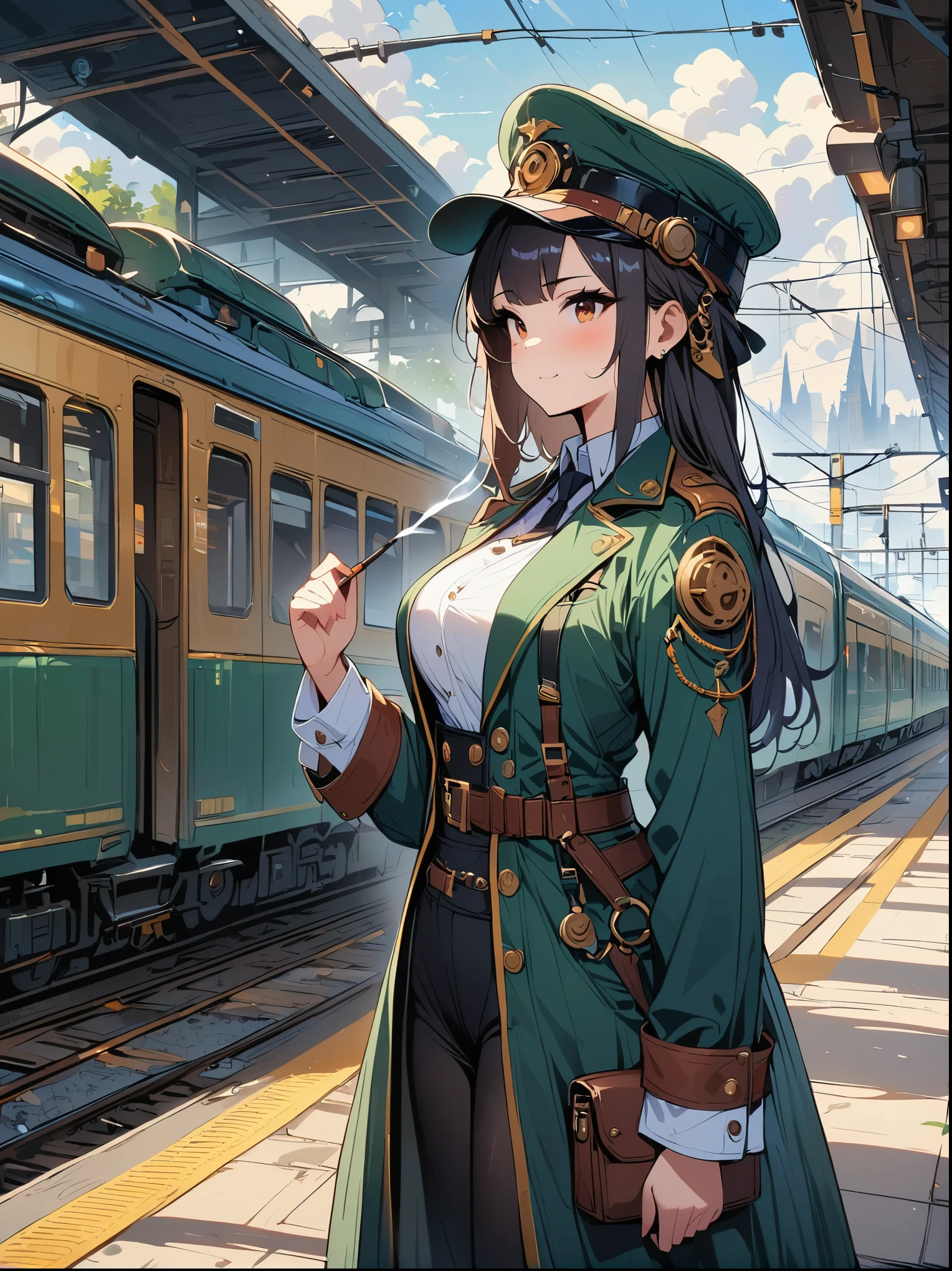 1 girl, pilot hat , alone, steam punk, TRAIN STATION, , steam, smokes, masterpiece, Very detailed,high dynamic range,8K resolution, best quality,