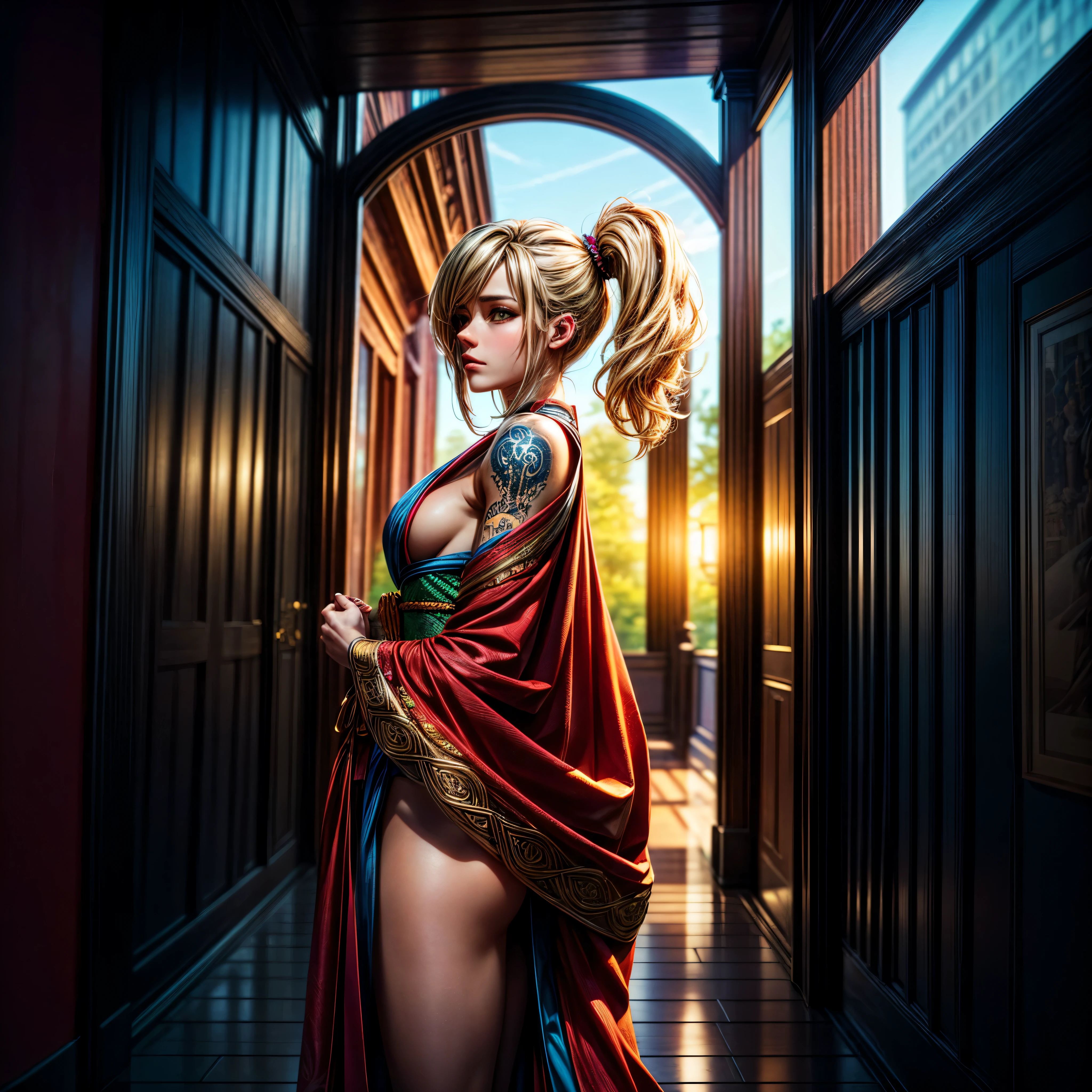 spacious sunset (Super Beautiful Face: 1.0), (Glossy Skin: 1.0), Black Hair, Realistic Pupils, Movie Lighting, Highly Detailed Eyes and Face, Movie Lighting, (Cowboy Shot: 1.0), (kimono, hakama, obi: 1.15), (Korean Cute Actress), in nature, classic kimono, (32K, max best quality:1.2), (epic tmasterpiece:1.37), (ulra professional photorealistic:1.37), (ultra high-resolution), half body, walking pose, shot from front, slow motion, female paladin wearing the full body, (light silver armour:1.2),(ornately decorated armor), (symmetrical meiculous intricate insanely detailed , bloom:1.5), (ulra high-quality, Alessandro Casagrande, Greg Rutkowski, Sally Mann, concept art, 32k), (analog:1.2), (ulra high-sharp focus), (detailed pupils:1.1), epic detailed face and eyes, epic tMasterpiece, max perfect best quality, (ultra highly detailed photo:1.1), (long blonde Hair, ponytail,ecstatic:1.1), (young woman:1.1), ulra sharp-focus, (perfect body:1.1), hyper realistic, real shadow, 3d, (temple background:1.2), arms crossed over the chest photographed by Canan EOS R6, 135mm, 1/1250s, f/2.8, ISO 400 fullbodye tattoo nsfw naked varied multi etc. --v6 --s1000 --c20 --q5 --chaos100