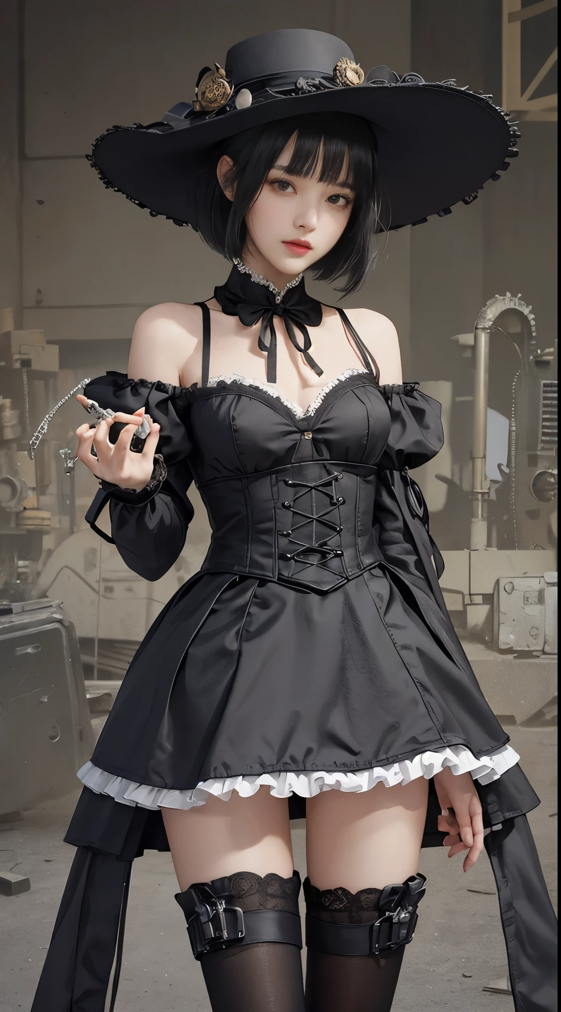 (((masterpiece, highest quality, Super detailed))), 1 female, (((very thin body))) , (((length, thin legs))), (((black short bob, thick fluffy bangs ))), (((highly detailed face))), No cosmetics, small and thin nose, thin mouth with small lips, (((Very sharp focused eyes))), Precise pale gray eyes with large slits, shine like a jewel, length eyelashes, ((Highly decorative intricate mechanical steampunk fashion, Lace Flare Mini Skirt, above the knee lace stockings, Lace Off Shoulder Lolita Fashion, Overly decorative fashion)), Abandoned Night, Complex mechanized steampunk factory catches fire and explodes, (((Overall accuracy has been dramatically improved, creating a Super detailed and realistic image))), super realistic photos, (((steampunk gun)))