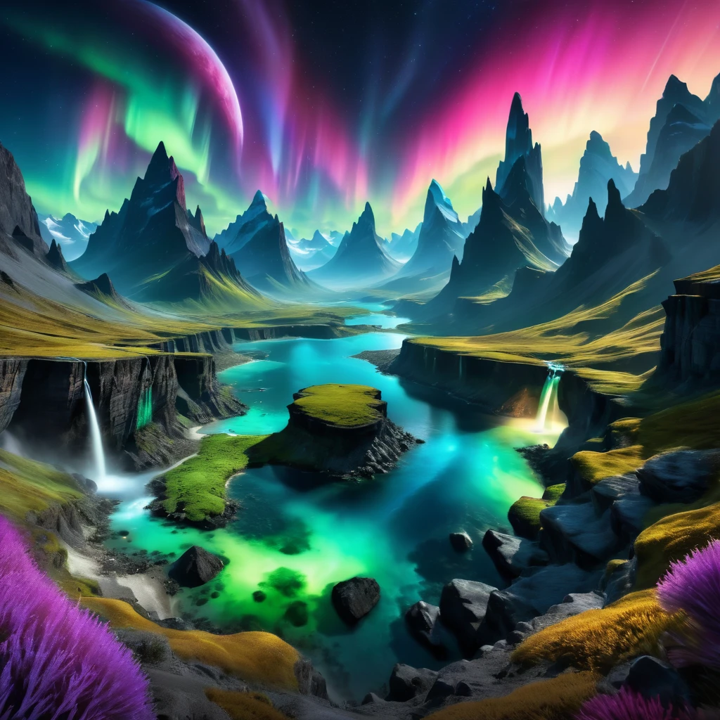 alien landscape cliffs: 1.5, (Best quality, master of peace: 1.3), (hyper-detailed, hyper-realistic color: 1.5), cosmic, exotic and surreal mountains.... At night northern lights, the landscape is illuminated by bioluminescence. .., perfect composition, Best exposure, (golden ratio: 1.2), HDR, dramatic, cinematic lighting, trend in artstation, Trends in CG society, professional photography, immense detail, ((perfect: 1.3, meticulously detailed: 1.5, Flawless, High Definition: 1.4, Cinematic: 1.4), ((Job Master)), (Hyper Detailed: 1.4 ), (Photorealistic: 1.4), Epic, Night: 1.4, 32k.