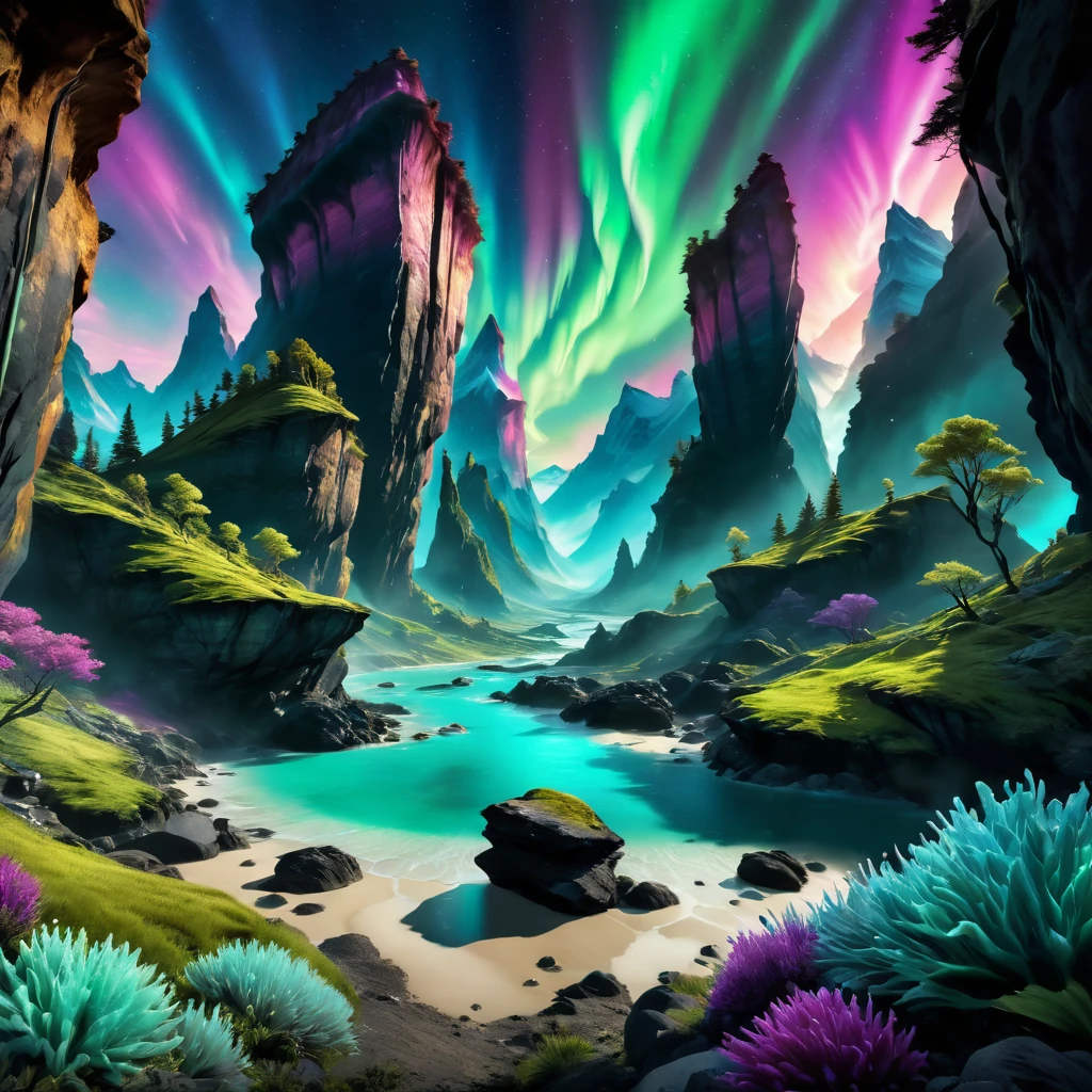 alien landscape cliffs: 1.5, (Best quality, master of peace: 1.3), (hyper-detailed, hyper-realistic color: 1.5), cosmic, exotic and surreal mountains.... At night northern lights, the landscape is illuminated by bioluminescence. .., perfect composition, Best exposure, (golden ratio: 1.2), HDR, dramatic, cinematic lighting, trend in artstation, Trends in CG society, professional photography, immense detail, ((perfect: 1.3, meticulously detailed: 1.5, Flawless, High Definition: 1.4, Cinematic: 1.4), ((Job Master)), (Hyper Detailed: 1.4 ), (Photorealistic: 1.4), Epic, Night: 1.4, 32k.