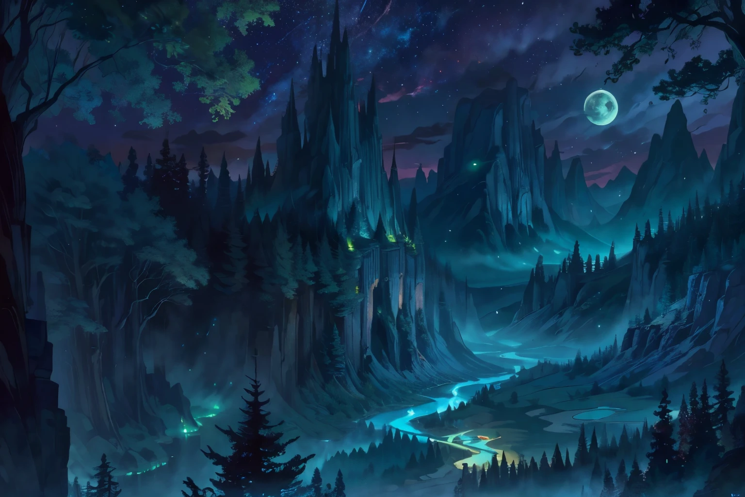 forest, shadows, moonlight, ghostly, fire, light, magic flames, darkness, trees, leaves, wind, cliffs, magic, fireflies, eerie, wonderful, mystery, eyes, green, colorful stars, view from low angle, view from ground, emerald, castle on cliff, towers, spire, emerald glow