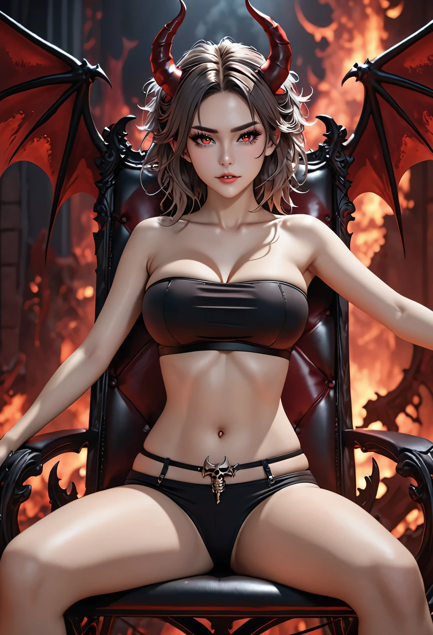ultra detailed 8k cg,huge breasts,devil,devil horns,evil,looking at viewer,sexy,demon wings,Hell background,enchanting,Sitting on the devil's chair,cross-legged,human skeleton,Messy hair,black beltbra,tube top,underboob,bandeau,