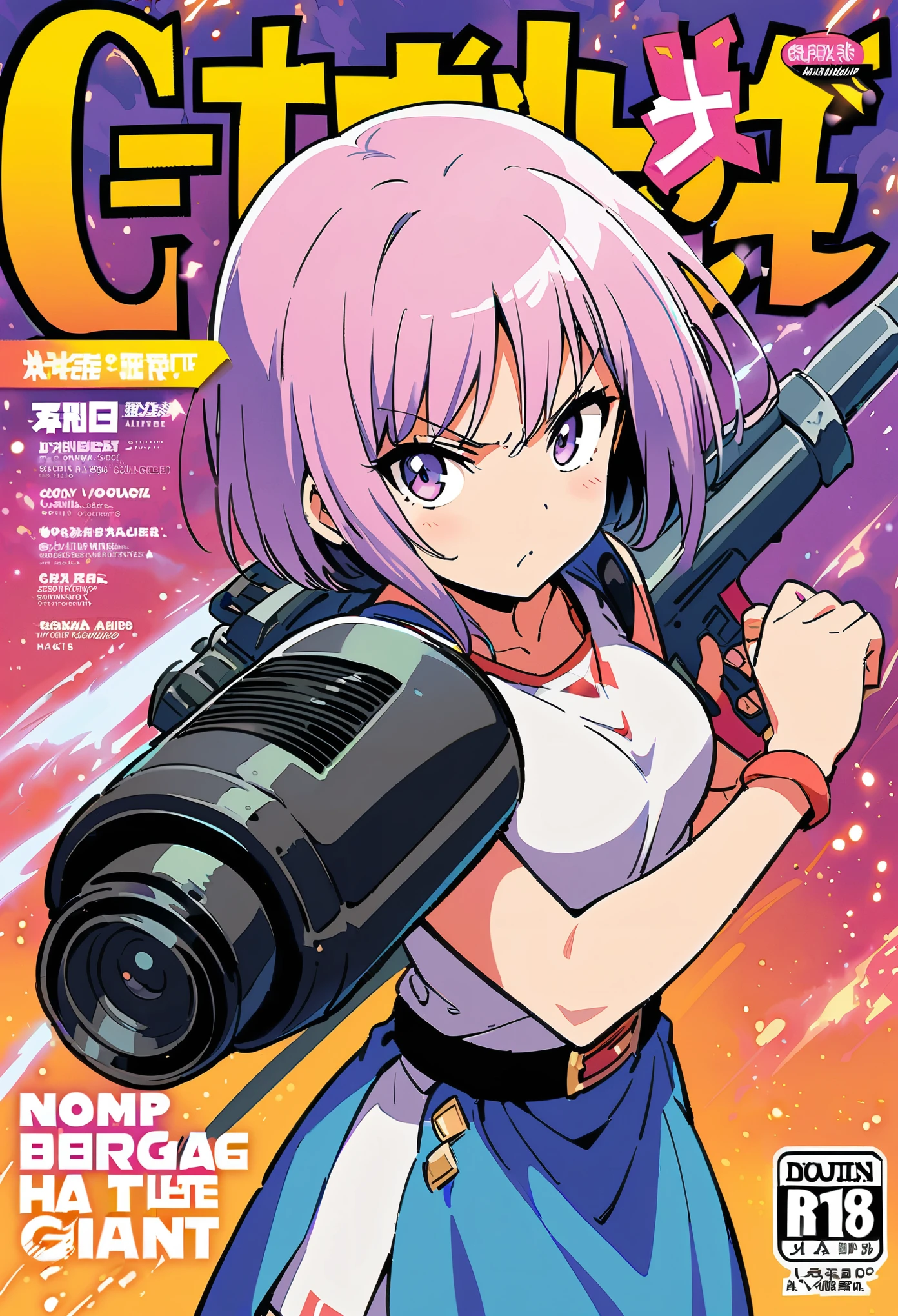 a serious girl in a fighting pose and by her side a little alien boy, the girl has an arm in the shape of a giant gun, manga, shonen manga cover, mangazine, in the background there is a busty, serious, villainous woman, with a space,