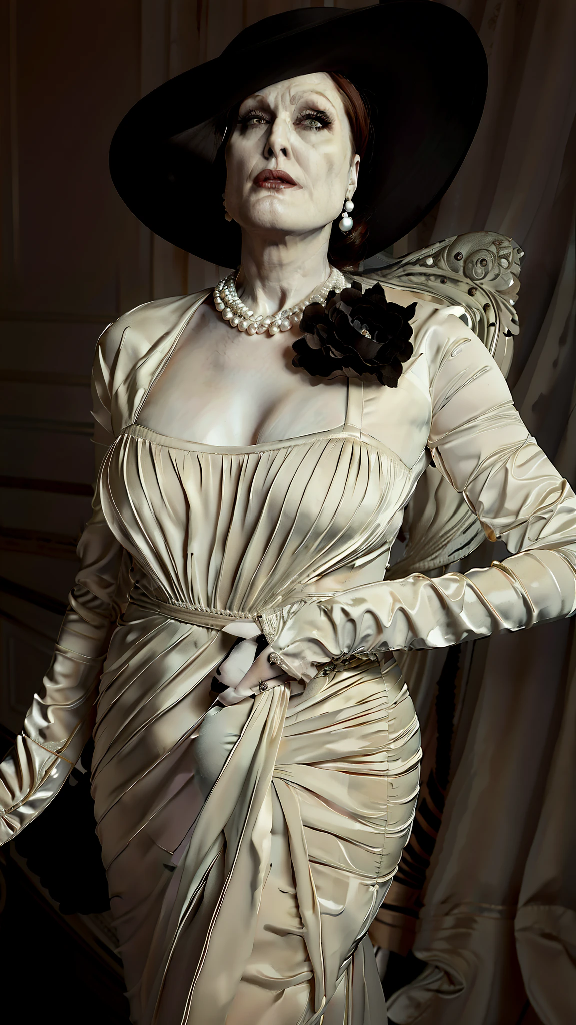 best quality, Julianne Moore, masterpiece,
(1mom, big-vampire-mommy, Alcina-Dimitrescu:1.05), 1girl, solo, breasts, large breasts, black_hair, gloves, hat,  sun_hat, dress, white dress, long dress, cleavage, jewelry, earrings, tall female, mature female, pale_skin, yellow eyes, makeup, pearl necklace, black rose, black flower, looking at viewer,