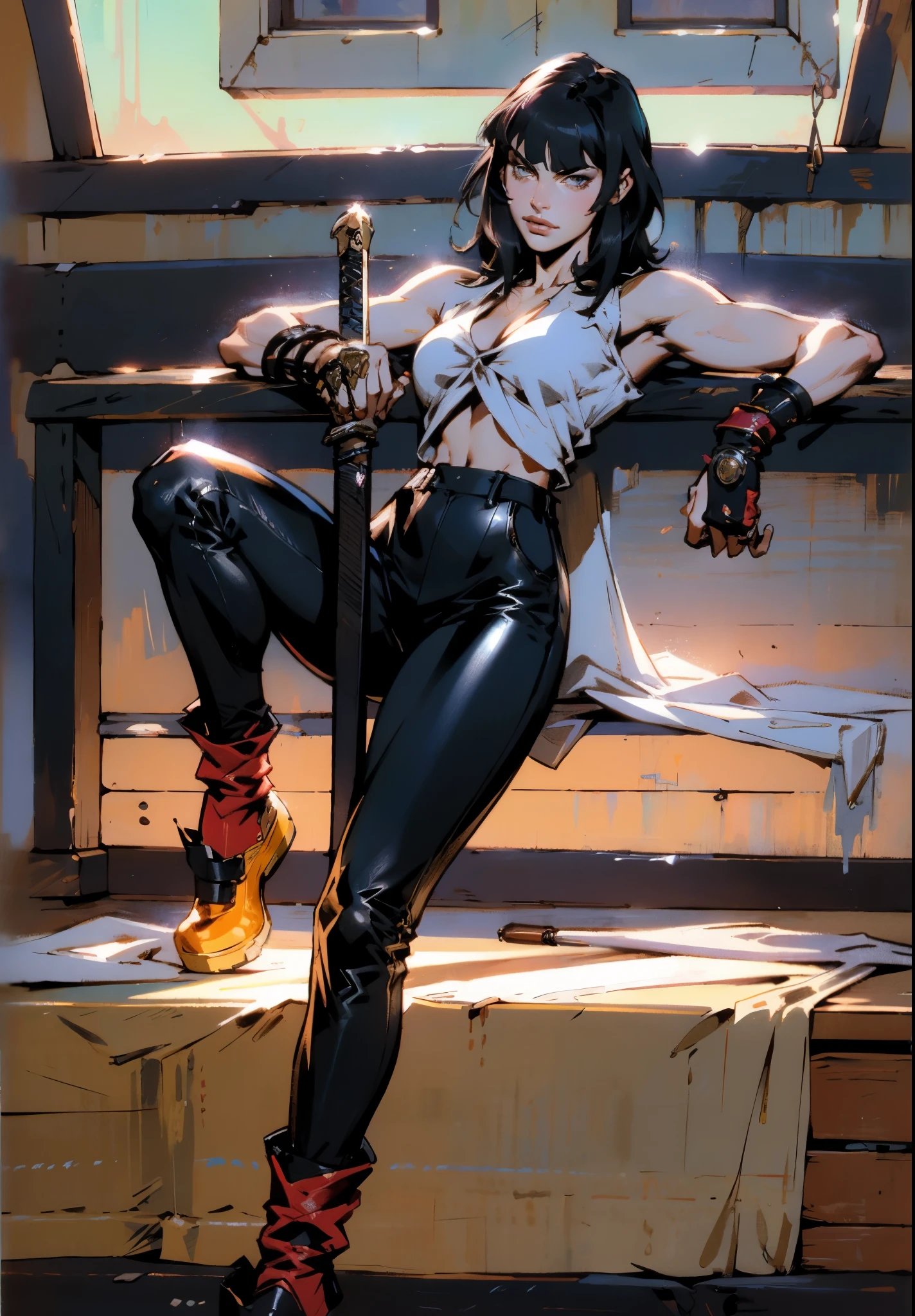 A beautiful woman with long shiny black hair, choppy bangs, a delicate face, a cold proud gaze, a fit figure, a fantasy-style high-necked leather breastplate top, sleeveless, exposes her waist, a bracelet adorns her wrist, tight-fitting leather pants, her right hand holds a longsword with a blue scabbard, she lounges casually sitting, this character embodies a finely crafted fantasy-style bounty hunter in anime style, exquisite and mature manga art style, (Alexandra Daddario:1.2), high definition, best quality, highres, ultra-detailed, ultra-fine painting, extremely delicate, professional, anatomically correct, symmetrical face, extremely detailed eyes and face, high quality eyes, creativity, RAW photo, UHD, 32k, Natural light, cinematic lighting, masterpiece-anatomy-perfect, masterpiece:1.5