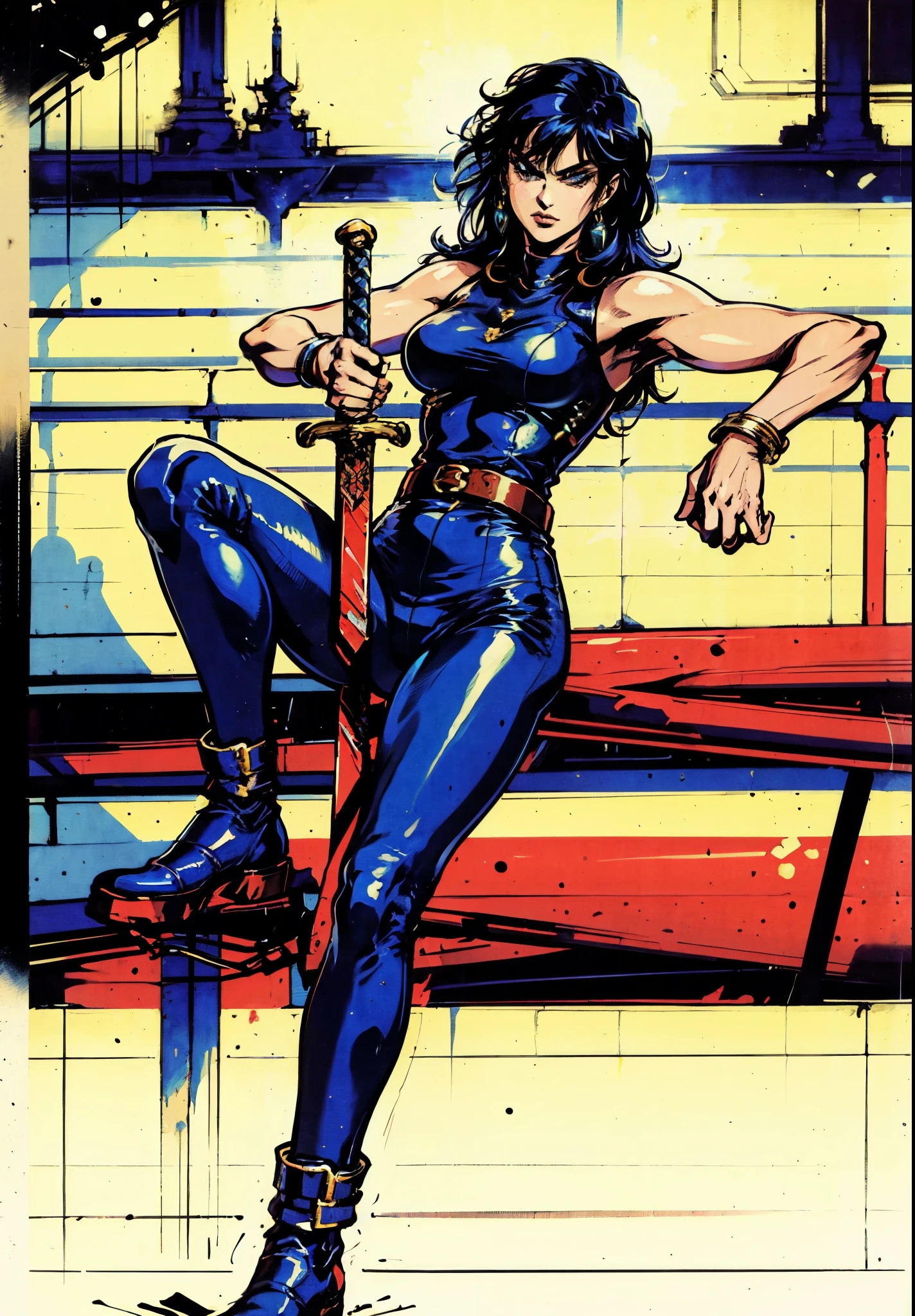 A beautiful woman with long shiny black hair, choppy bangs, a delicate face, a cold proud gaze, a fit figure, a fantasy-style high-necked leather breastplate top, sleeveless, exposes her waist, a bracelet adorns her wrist, tight-fitting leather pants, her right hand holds a longsword with a blue scabbard, she lounges casually sitting, this character embodies a finely crafted fantasy-style bounty hunter in anime style, exquisite and mature manga art style, (Alexandra Daddario:1.2), high definition, best quality, highres, ultra-detailed, ultra-fine painting, extremely delicate, professional, anatomically correct, symmetrical face, extremely detailed eyes and face, high quality eyes, creativity, RAW photo, UHD, 32k, Natural light, cinematic lighting, masterpiece-anatomy-perfect, masterpiece:1.5