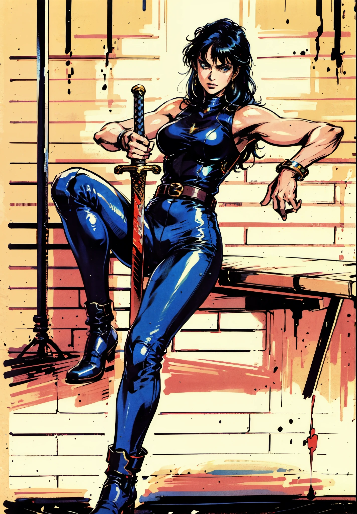 A beautiful woman with long shiny black hair, choppy bangs, a delicate face, a cold proud gaze, a fit figure, a fantasy-style high-necked leather breastplate top, sleeveless, exposes her waist, a bracelet adorns her wrist, tight-fitting leather pants, her right hand holds a longsword with a blue scabbard, she lounges casually sitting, this character embodies a finely crafted fantasy-style bounty hunter in anime style, exquisite and mature manga art style, (Alexandra Daddario:1.2), high definition, best quality, highres, ultra-detailed, ultra-fine painting, extremely delicate, professional, anatomically correct, symmetrical face, extremely detailed eyes and face, high quality eyes, creativity, RAW photo, UHD, 32k, Natural light, cinematic lighting, masterpiece-anatomy-perfect, masterpiece:1.5