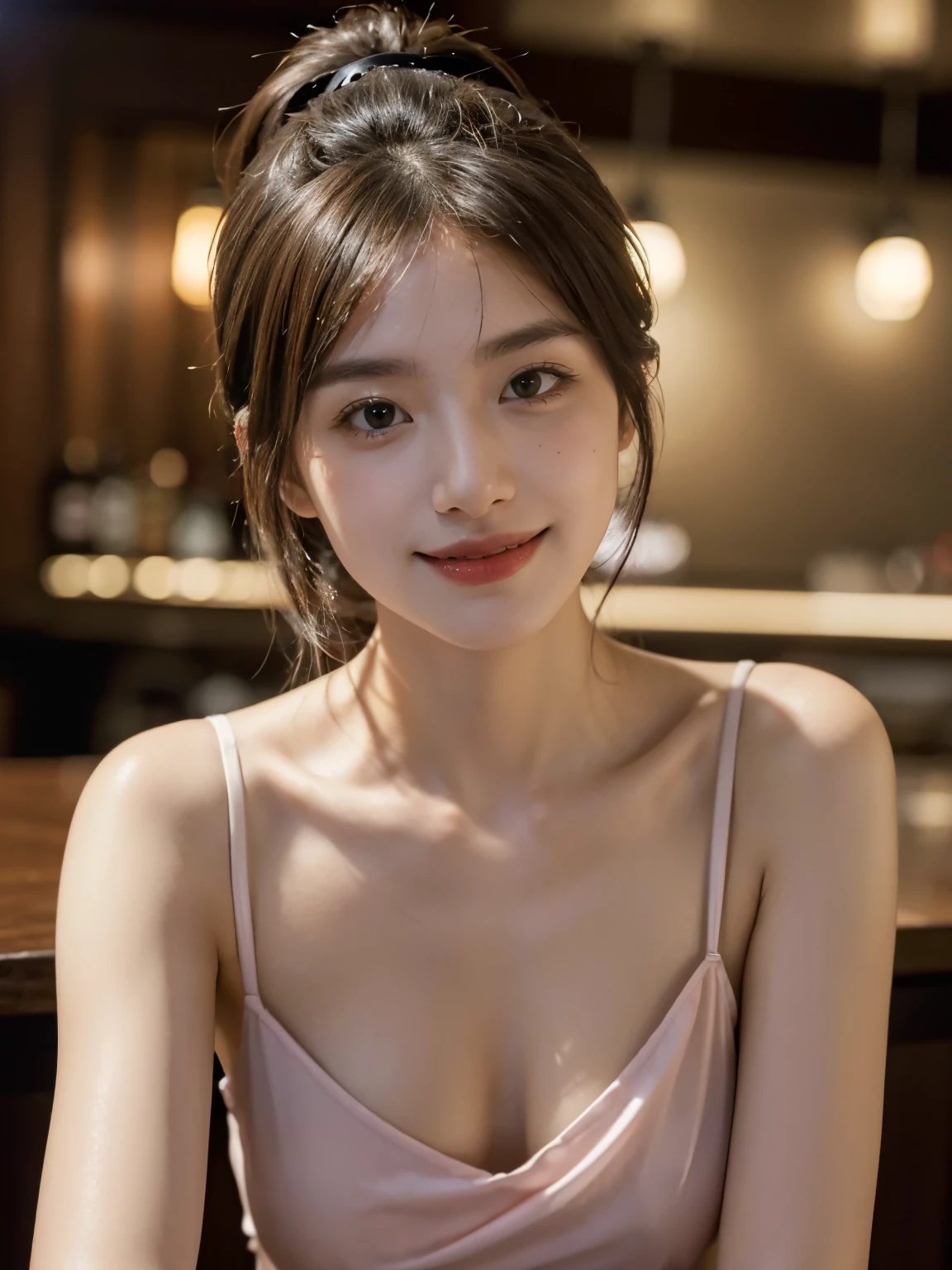 Smiling woman, in a bar, Masterpiece, 8k, raw photo, ultra realistic, highly detailed, UHD, Extreme close-up of cute Korean female, Chest size 32 inches, short ponytail hair, slightly smile, wearing gorgeous transparent sexy short dress, in the bar, night, blurred background, ((body turning around)), full body shot,