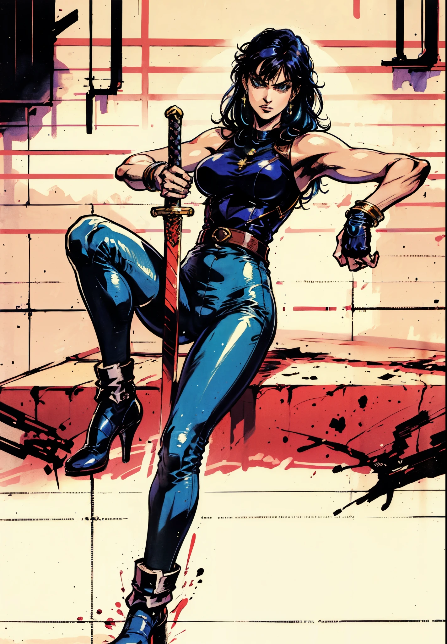 A beautiful woman with long shiny black hair, choppy bangs, a delicate face, a cold proud gaze, a fit figure, a fantasy-style high-necked leather breastplate top, sleeveless, exposes her waist, a bracelet adorns her wrist, tight-fitting leather pants, her right hand holds a longsword with a blue scabbard, she lounges casually sitting, this character embodies a finely crafted fantasy-style bounty hunter in anime style, exquisite and mature manga art style, (Alexandra Daddario:1.2), high definition, best quality, highres, ultra-detailed, ultra-fine painting, extremely delicate, professional, anatomically correct, symmetrical face, extremely detailed eyes and face, high quality eyes, creativity, RAW photo, UHD, 32k, Natural light, cinematic lighting, masterpiece-anatomy-perfect, masterpiece:1.5