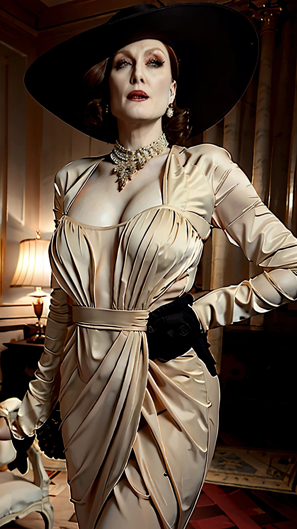 Julianne Moore, realistic,beautiful mature woman,looking at viewer,perfect lighting,(full body,standing,wide shot), lady dimitrescu,(wearing a beige dress),indoors castle background,large black hat, necklace,short hair,black flower on chest,red lips, amber eyes,pale skin,smile, milf, mature female, large breasts, plump