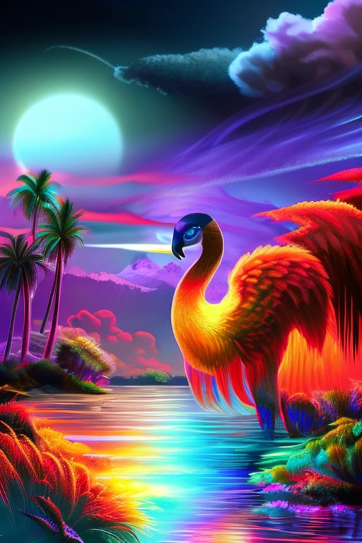 ((Obra maestra)), alta calidad, impresionantes ilustraciones, majestic phoenix, llamas ardientes, plumas iridiscentes, destellos de luz, fondo oscuro, mysterious atmosphere, arte digital detallado y cautivador.