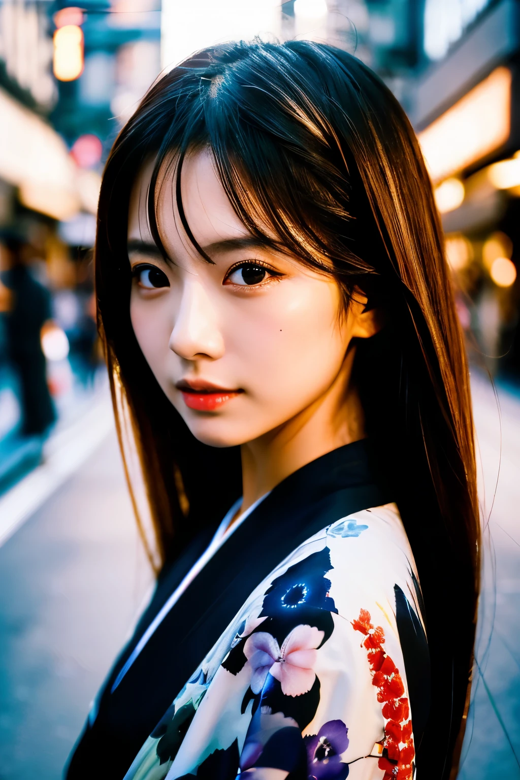 Beautiful Japanese supermodel woman, A lock of hair with slight highlights, black eyes, Sexy,street background,Gorgeous kimono , Liquid color flows across her face, Shooting against the light,Perfect facial lighting,mixed media