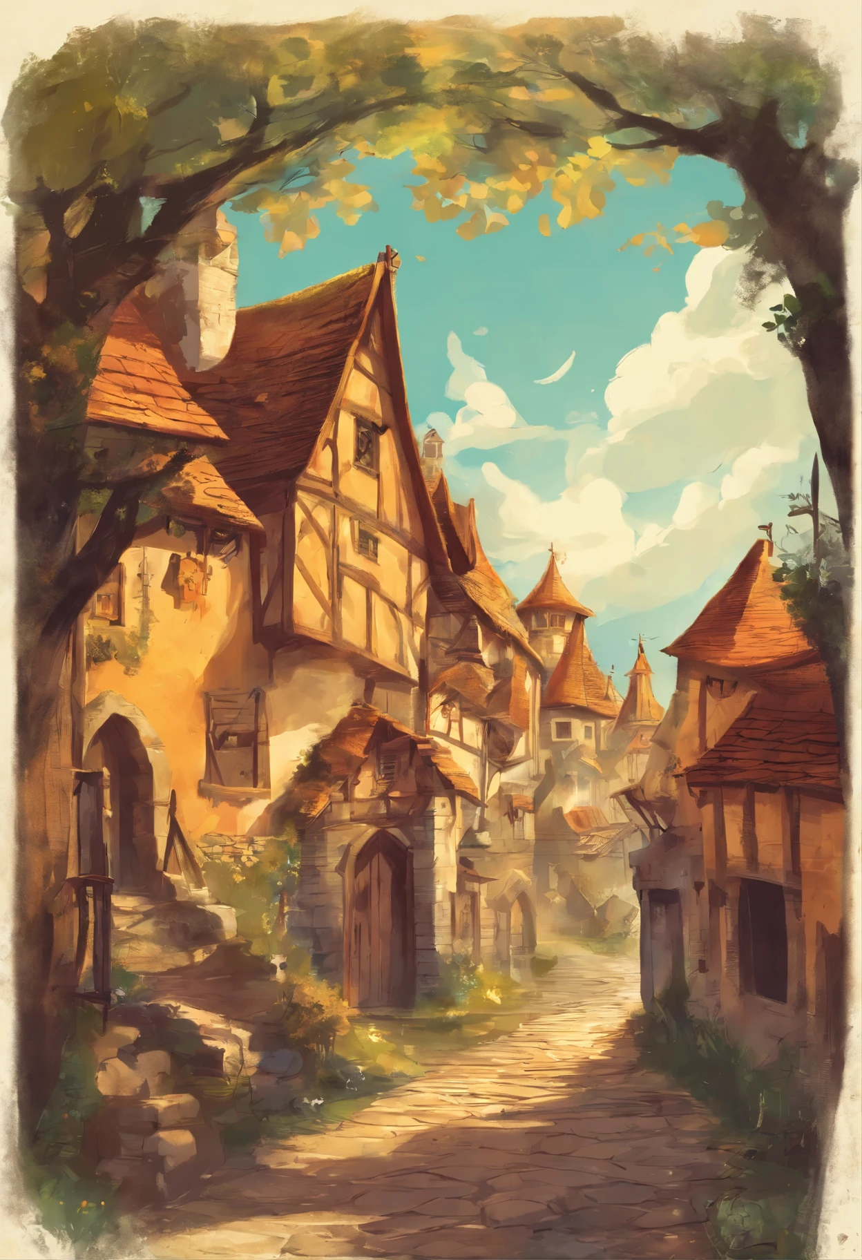 a sunny illustration of a medieval village from the movie Puss in Boots with shades of Orange Park Rd I miss you too I love you too