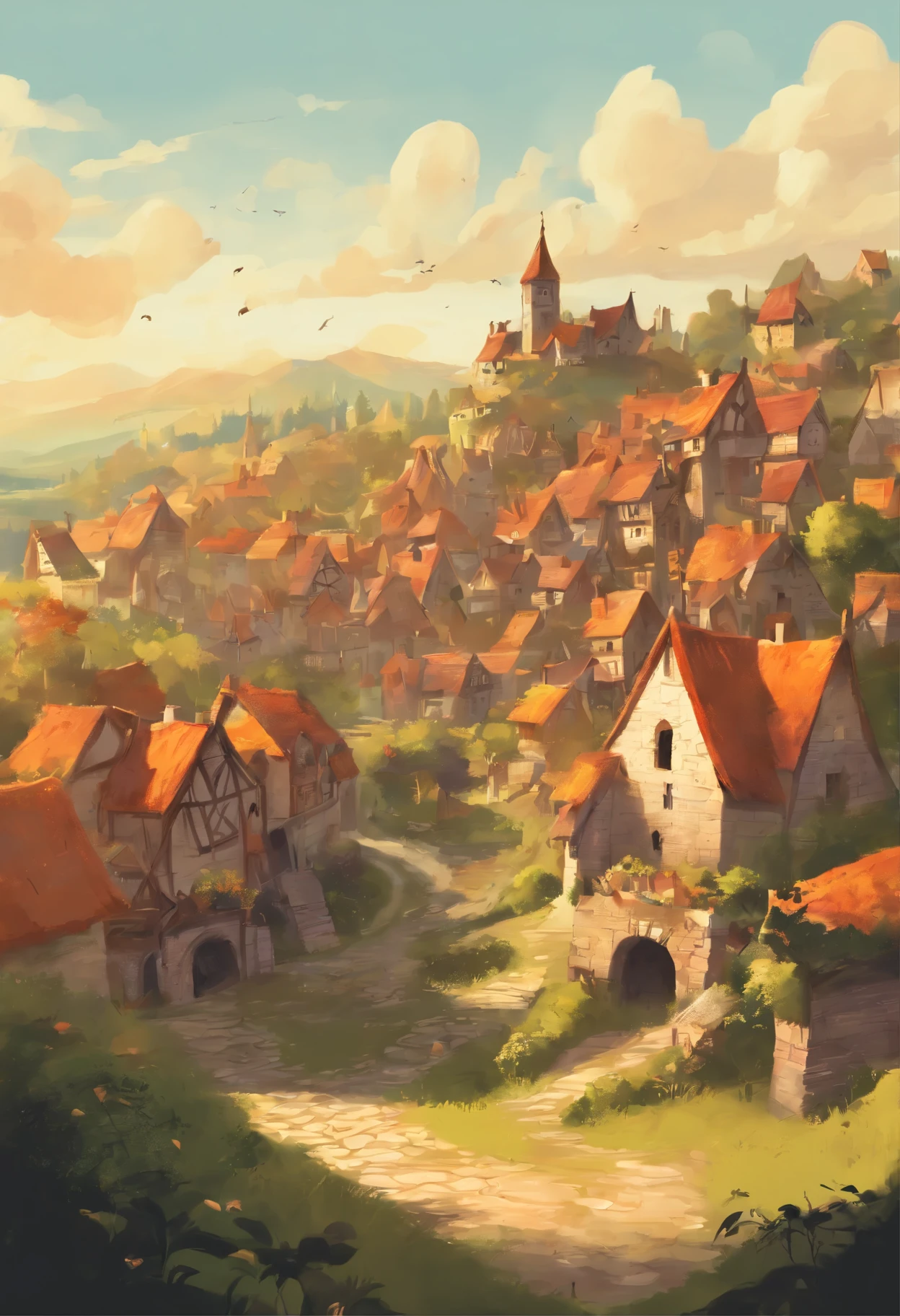 a sunny illustration of a medieval village from the movie Puss in Boots with shades of Orange Park Rd I miss you too I love you too 