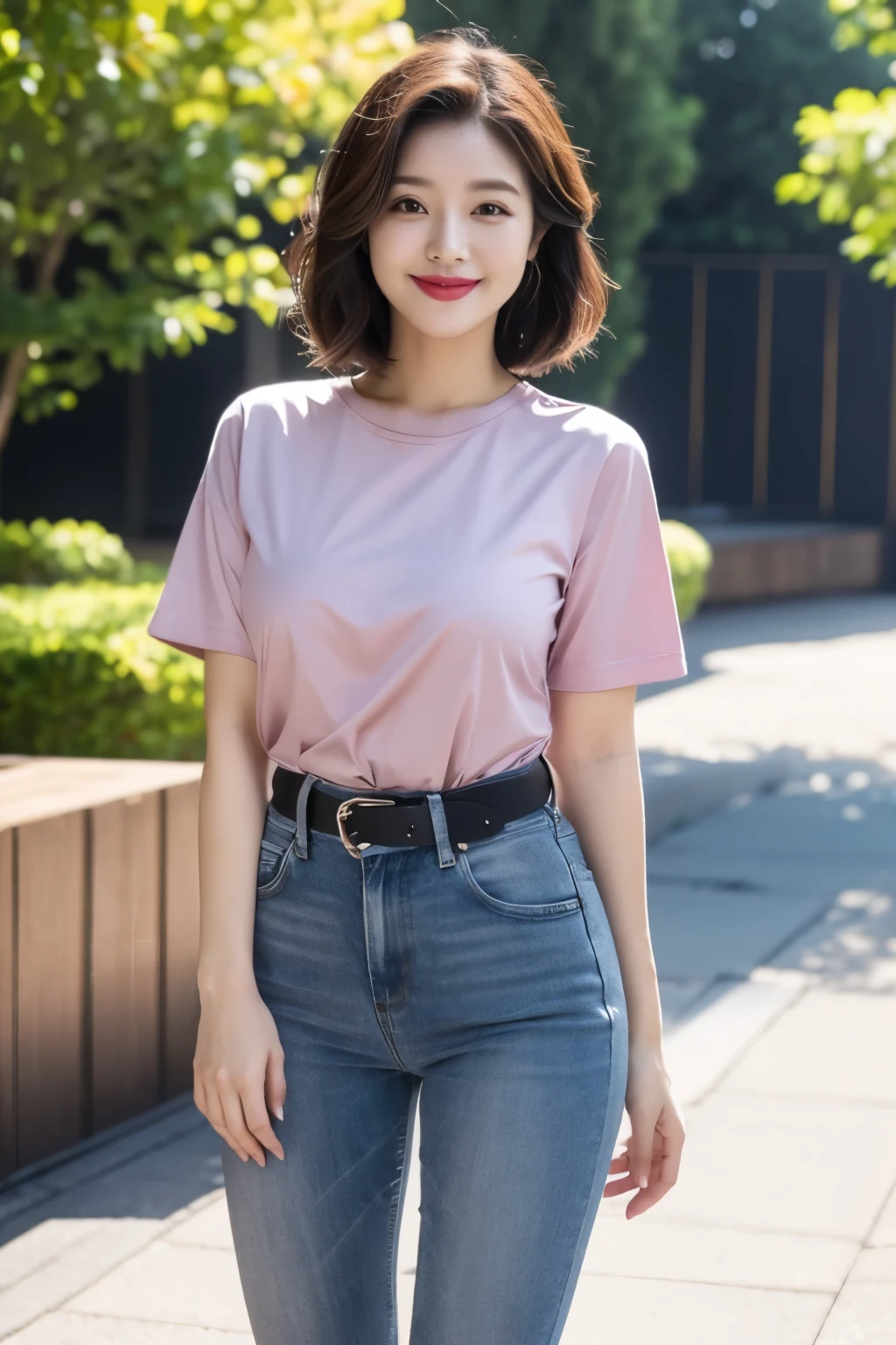 Draw lips correctly, red lipstick, from chest up, best quality, Super detailed, lifelike, Super fine skin, perfect anatomy, (1 日本Mature的女人), (alone)，Wear a pink crew neck shirt， short sleeves，gray coat，blue jeans，black belt，short hair，37-year-old female，Mature，charming smile，outdoor background，stand，Leg length，Chubby，Big breasts，stand up，full-body shot