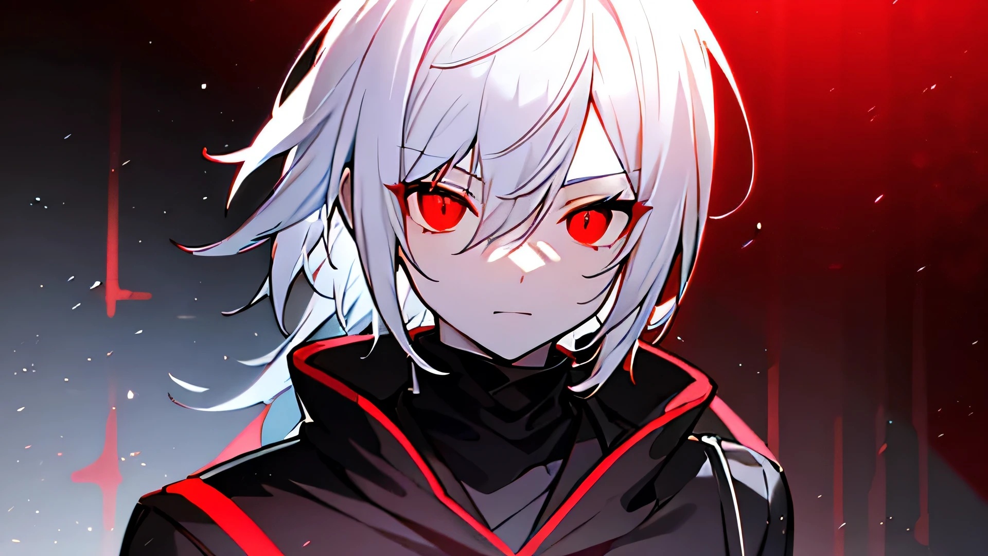 High resolution,close distance、Anime boy with white hair and red eyes staring at the camera, glowing red eyes,slim, dressed in black clothes,shadow body,white skin,monochrome,hair is dirty,clear face、diagonal angle