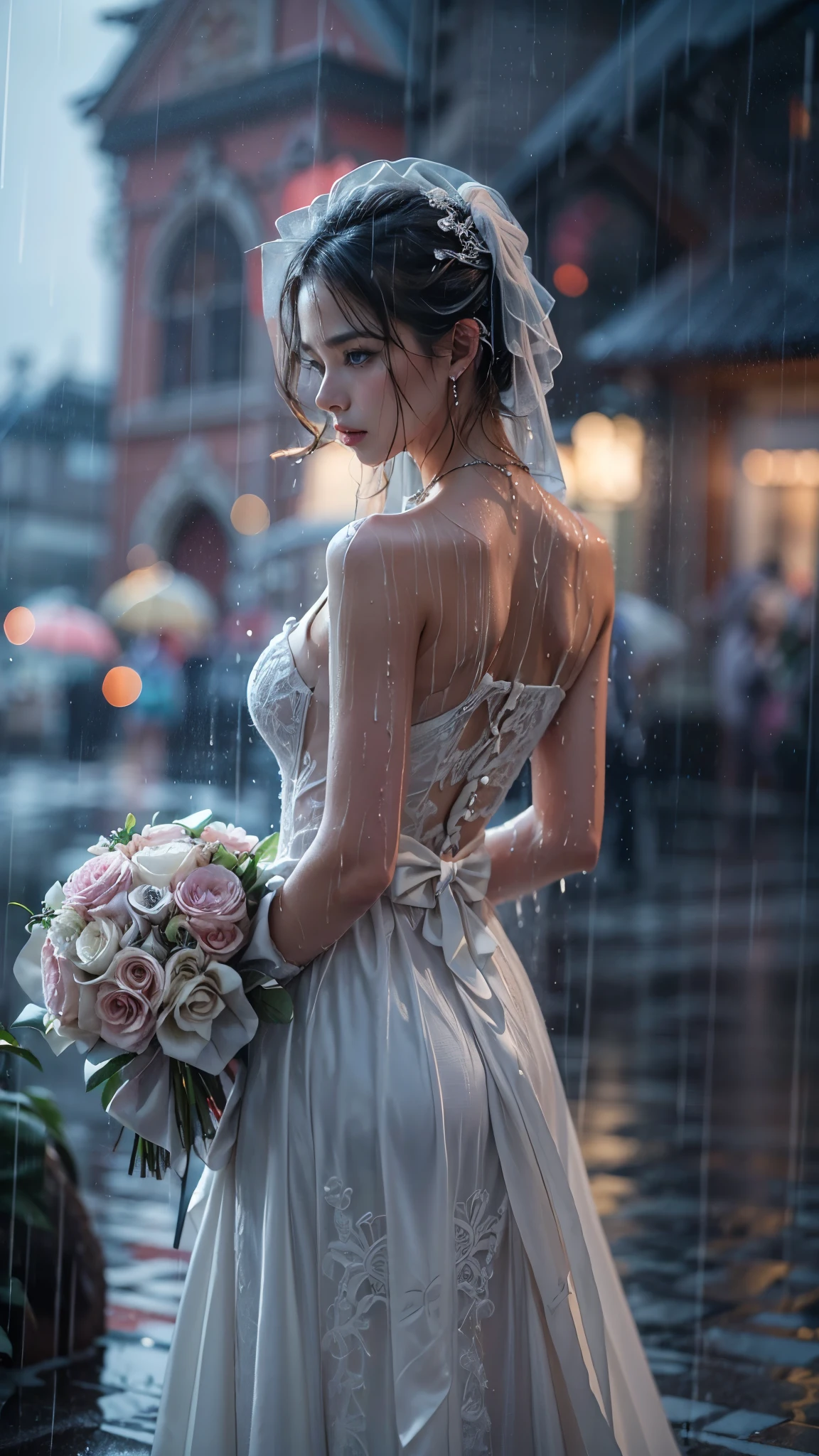 (RAW shooting, Photoreal:1.5, 8K, highest quality, masterpiece, ultra high resolution), perfect dynamic composition:1.2, modern city night, In front of the church, expression of sadness:0.7, lovelorn:0.7, ((((Typhoon heavy rain)))), Highly detailed skin and facial textures:1.2, Slim office lady wet in the rain:1.3, cowboy shot, Fair skin:1.2, sexy beauty:1.1, perfect style:1.2, beautiful and aesthetic:1.1, very beautiful face:1.2, water droplets on the skin, (rain drips all over my body:1.2, wet body:1.2, wet hair:1.3), (Holding a wet bouquet:1.2, wet pastel wedding dress:1.3), (Medium chest, bra is see-through, Chest gap), (sob, The expression on your face when you feel intense caress, Facial expression when feeling pleasure), (beautiful blue eyes, Eyes that feel beautiful eros:0.8), (Too erotic:0.9, Bewitching:0.9), necklace, earrings, bracelet