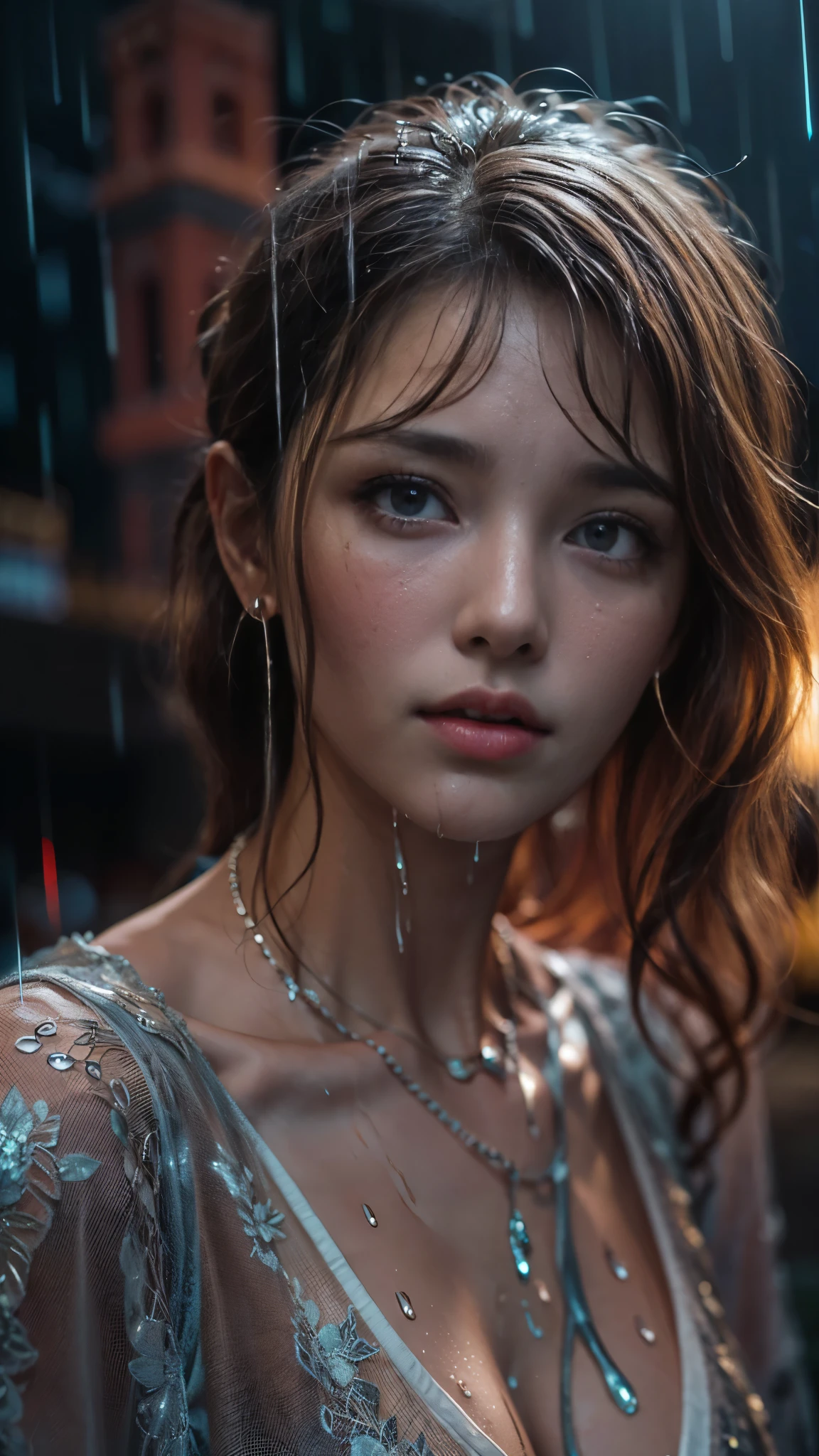 (RAW shooting, Photoreal:1.5, 8K, highest quality, masterpiece, ultra high resolution), perfect dynamic composition:1.2, modern city night, In front of the church, expression of sadness:0.7, lovelorn:0.7, ((((Typhoon heavy rain)))), Highly detailed skin and facial textures:1.2, Slim office lady wet in the rain:1.3, cowboy shot, Fair skin:1.2, sexy beauty:1.1, perfect style:1.2, beautiful and aesthetic:1.1, very beautiful face:1.2, water droplets on the skin, (rain drips all over my body:1.2, wet body:1.2, wet hair:1.3), (Holding a wet bouquet:1.2, wet orange wedding dress:1.3), (Medium chest, Bra is sheer, Chest gap), (Crying hard, The expression on your face when you feel intense caress, Facial expression when feeling pleasure), (beautiful blue eyes, Eyes that feel beautiful eros:0.8), (Too erotic:0.9, Bewitching:0.9), necklace, earrings, bracelet