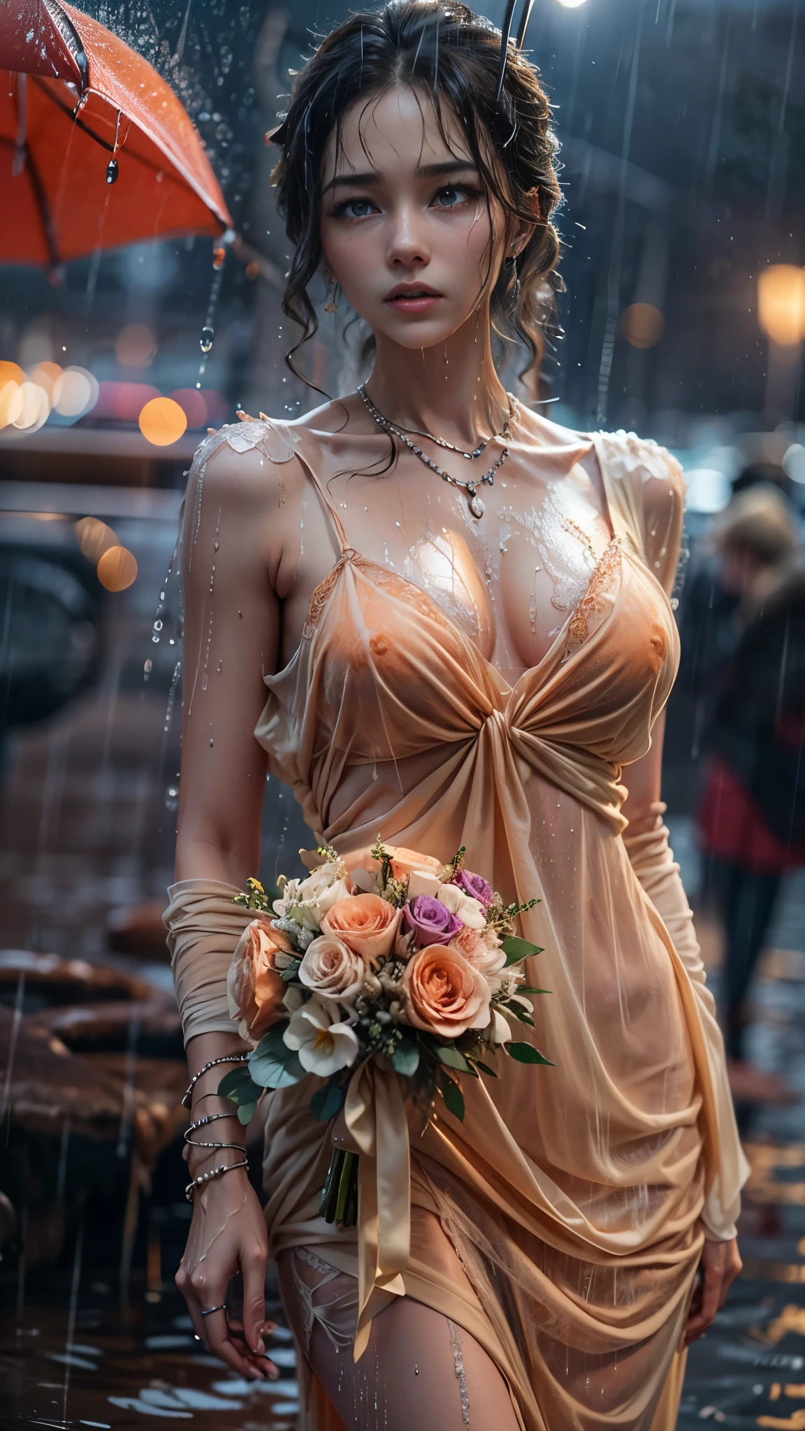 (RAW shooting, Photoreal:1.5, 8K, highest quality, masterpiece, ultra high resolution), perfect dynamic composition:1.2, modern city night, In front of the church, expression of sadness:0.7, lovelorn:0.7, ((((Typhoon heavy rain)))), Highly detailed skin and facial textures:1.2, Slim office lady wet in the rain:1.3, cowboy shot, Fair skin:1.2, sexy beauty:1.1, perfect style:1.2, beautiful and aesthetic:1.1, very beautiful face:1.2, water droplets on the skin, (rain drips all over my body:1.2, wet body:1.2, wet hair:1.3), (Holding a wet bouquet:1.2, wet orange wedding dress:1.3), (Medium chest, Bra is sheer, Chest gap), (Crying hard, The expression on your face when you feel intense caress, Facial expression when feeling pleasure), (beautiful blue eyes, Eyes that feel beautiful eros:0.8), (Too erotic:0.9, Bewitching:0.9), necklace, earrings, bracelet