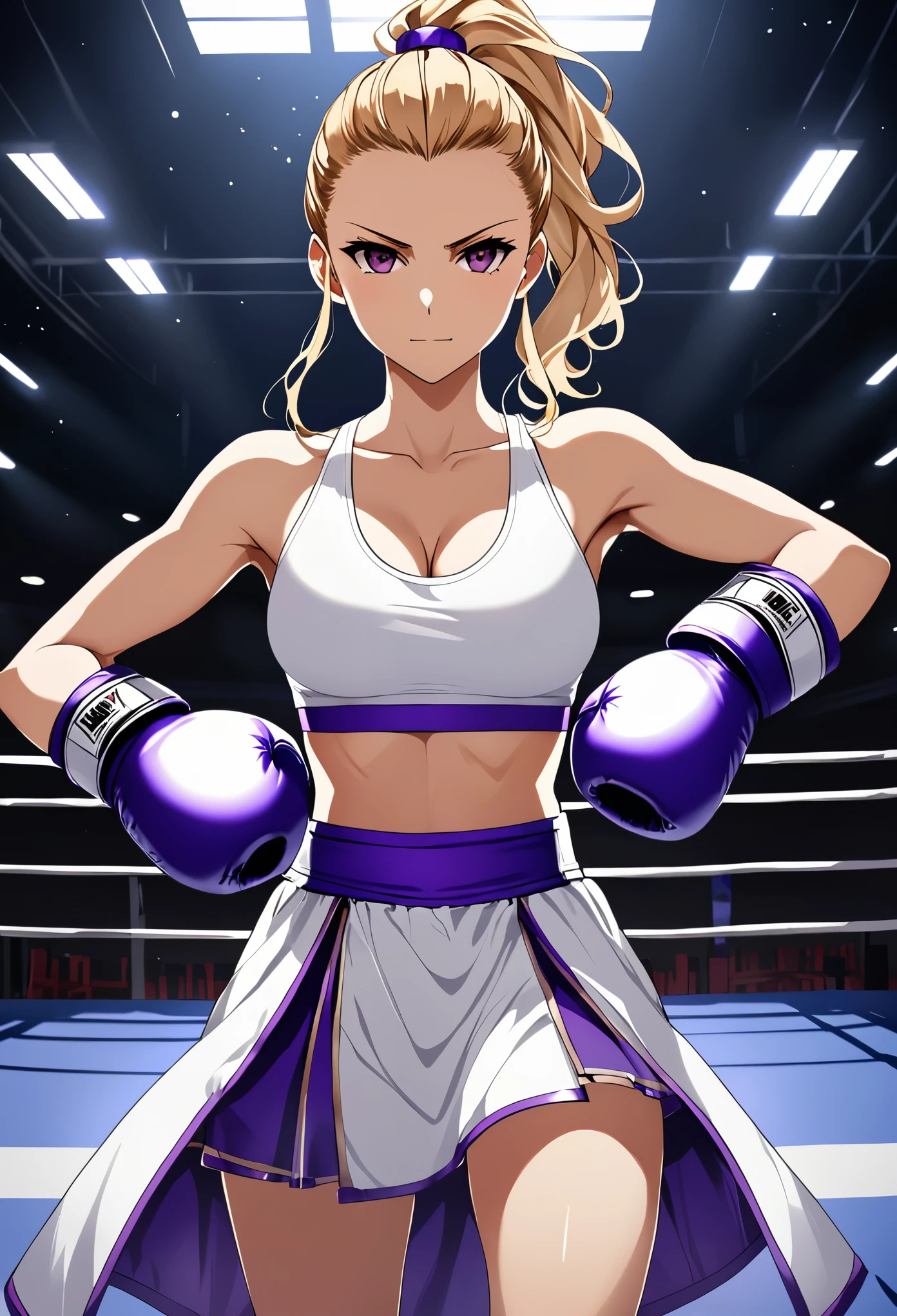 high quality, Evil Girl, blonde wavy hair pulled back into a ponytail, Brown eyes, arrogant smile, in white crop top with a plunging neckline, gladiator in a white boxing skirt with purple seams, wearing white boxing gloves with purple seams, standing alone in a dark boxing ring in an empty gym, holds hands in boxing gloves at head level in defense