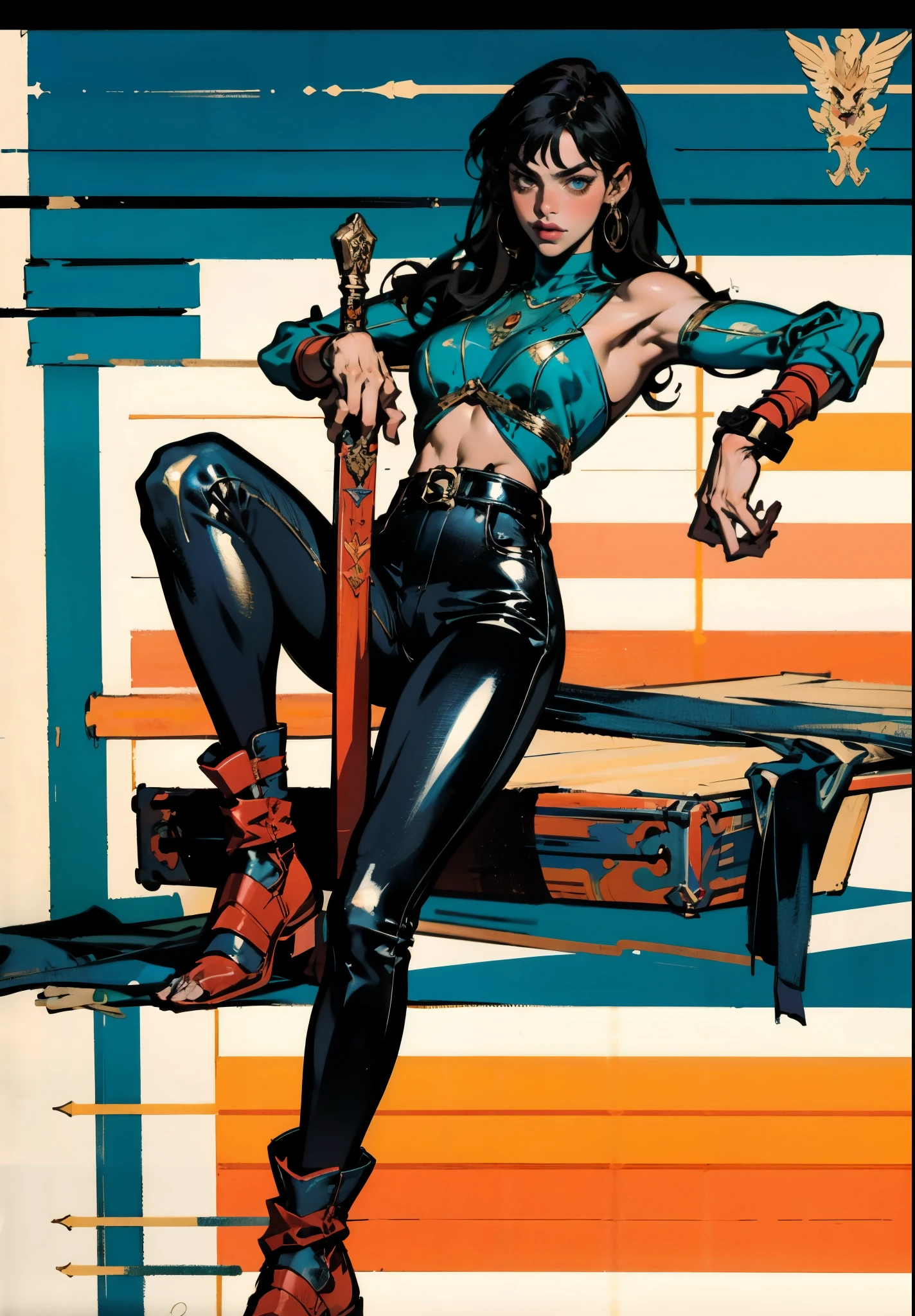 A beautiful woman with long shiny black hair, choppy bangs, a delicate face, a cold proud gaze, a fit figure, a fantasy-style high-necked leather breastplate top, sleeveless, exposes her waist, a bracelet adorns her wrist, tight-fitting leather pants, her right hand holds a longsword with a blue scabbard, she lounges casually sitting, this character embodies a finely crafted fantasy-style bounty hunter in anime style, exquisite and mature manga art style, (Alexandra Daddario:1.2), high definition, best quality, highres, ultra-detailed, ultra-fine painting, extremely delicate, professional, anatomically correct, symmetrical face, extremely detailed eyes and face, high quality eyes, creativity, RAW photo, UHD, 32k, Natural light, cinematic lighting, masterpiece-anatomy-perfect, masterpiece:1.5