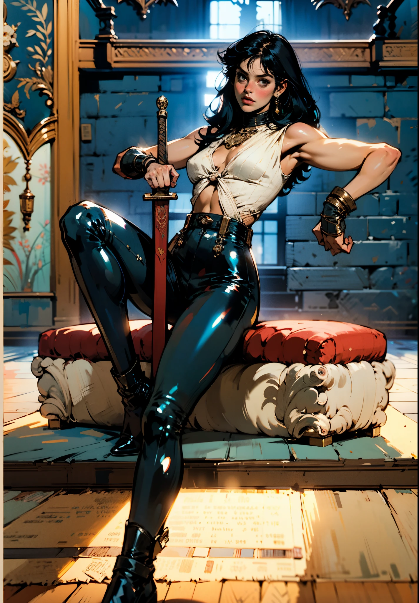 highly insanely detailed, masterpiece, top quality, best quality, highres, 4k, 8k, RAW photo, (1girl),solo,LadyM, red eyes, black sclera, black hair, red lips, goggles on head, pants, corset, short hair, 
(large breasts), (wide hips), 
smug look, 
 line art, 
outdoors,nature, trees, steampunk, (facing viewer),  cleavage, water, sexy pose, armpits, nsfw, sitting, lying,
looking at viewer,  
magic particles, 
 dust particles, 
  (wind),  <lora:LadyM_v02-000001:1>