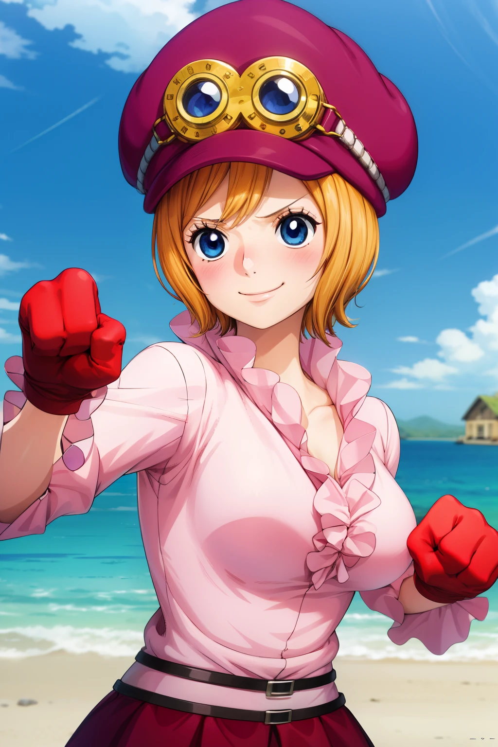 master piece, best quality, 8k, ultra high resolution, highest quality, anime style, best writing, beautiful face, masterpiece、high resolution、Super detailed、koala \(one piece\)、hat、キャビーhat、hatにゴーグル、short hair、blue eyes、big breasts、shirt、フリル shirt、ピンクのshirt、gloves、茶色のgloves、belt、skirt、赤いskirt、フリルskirt、outdoor, deserted island, There are a few private houses、(upper body:1.3)、best smile、blush, (fighting pose:1.3)