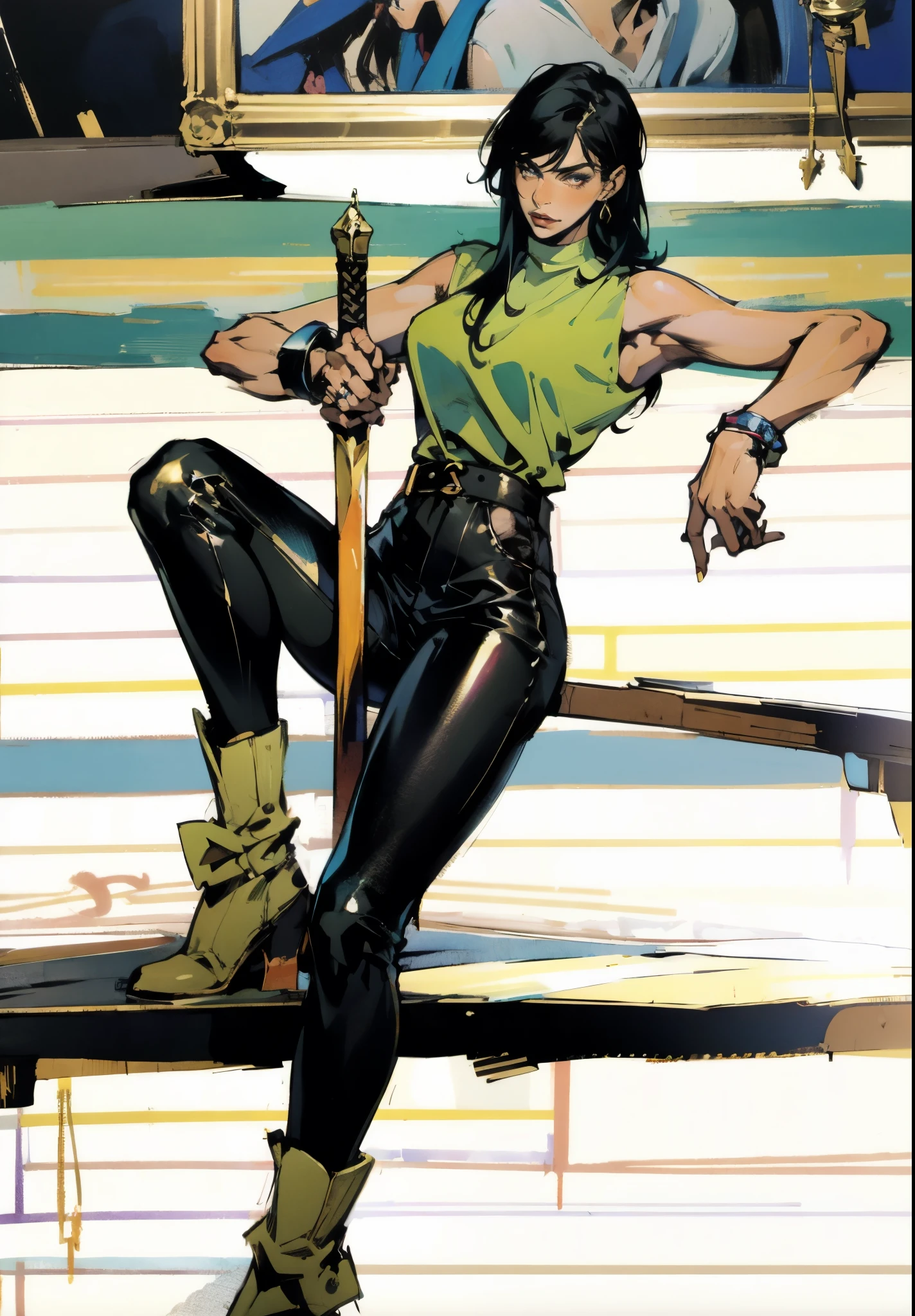 A beautiful woman with long shiny black hair, choppy bangs, a delicate face, a cold proud gaze, a fit figure, a fantasy-style high-necked leather breastplate top, sleeveless, exposes her waist, a bracelet adorns her wrist, tight-fitting leather pants, her right hand holds a longsword with a blue scabbard, she lounges casually sitting, this character embodies a finely crafted fantasy-style bounty hunter in anime style, exquisite and mature manga art style, (Alexandra Daddario:1.2), high definition, best quality, highres, ultra-detailed, ultra-fine painting, extremely delicate, professional, anatomically correct, symmetrical face, extremely detailed eyes and face, high quality eyes, creativity, RAW photo, UHD, 32k, Natural light, cinematic lighting, masterpiece-anatomy-perfect, masterpiece:1.5