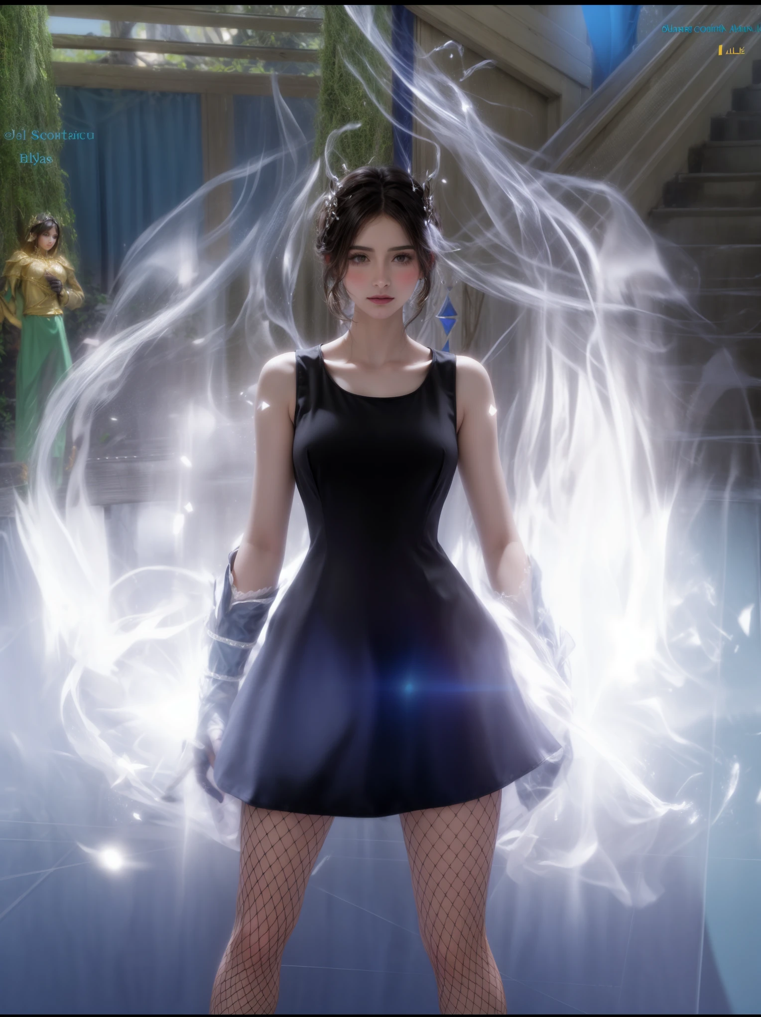 il y a une femme en robe courte debout dans une pièce, pose de lancement de sorts, succube en robe courte moulante, fairy magic lighting, aura noire et brillante, Maya Ali en tant que mage de la foudre, Goddess of Lightning, elle attire les éclairs, a beautiful sorceress, je vais, Pretty witch, /!\ The Witch, tenue fantastique
