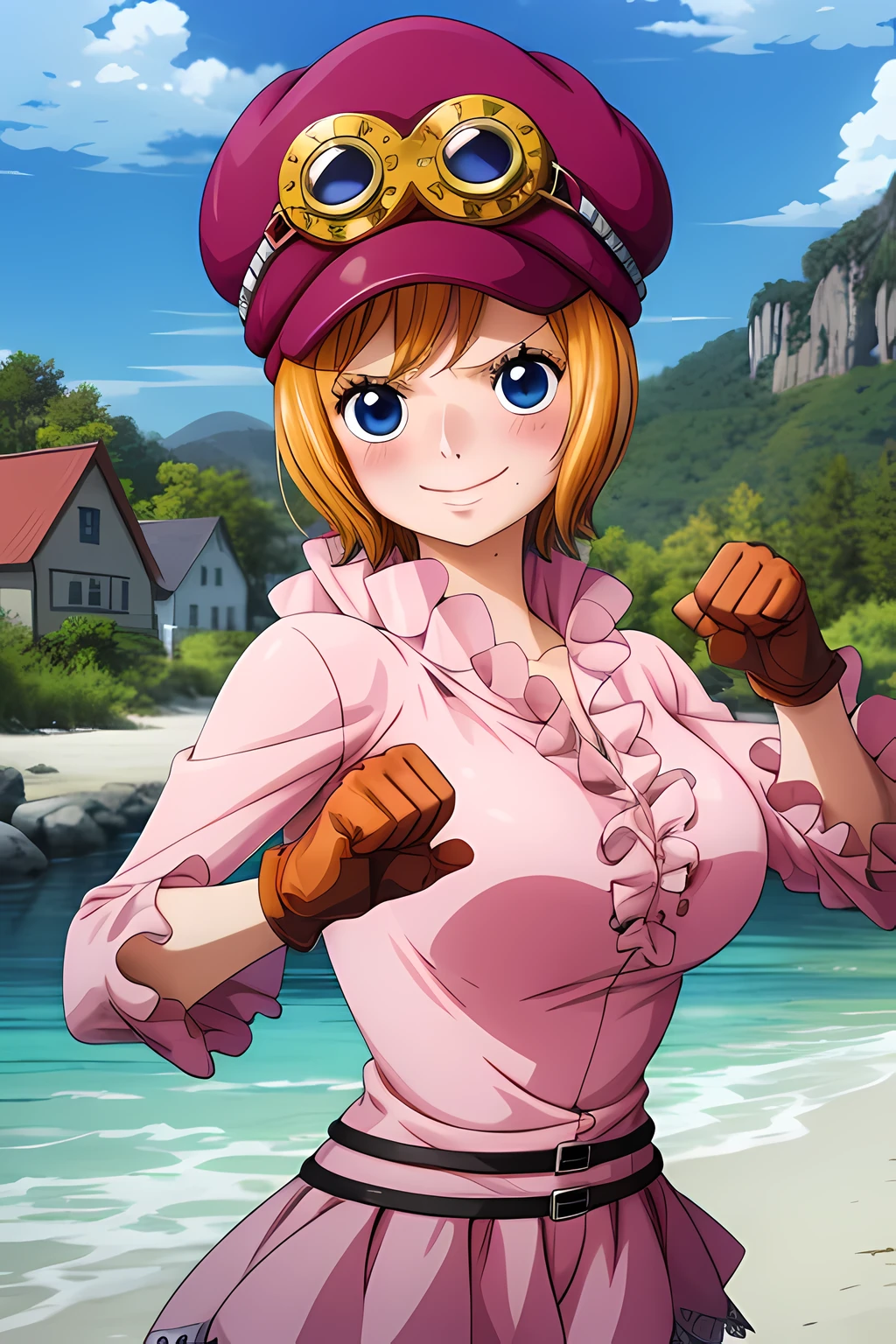 master piece, best quality, 8k, ultra high resolution, highest quality, anime style, best writing, beautiful face, masterpiece、high resolution、Super detailed、koala \(one piece\)、hat、cabbie hat、goggles on hat、short hair、blue eyes、big breasts、shirt、ruffle shirt、pink shirt、gloves、brown gloves、belt、skirt、red skirt、ruffle skirt、outdoor, deserted island, There are a few private houses、(upper body:1.3)、best smile、blush, (fighting pose:1.3)