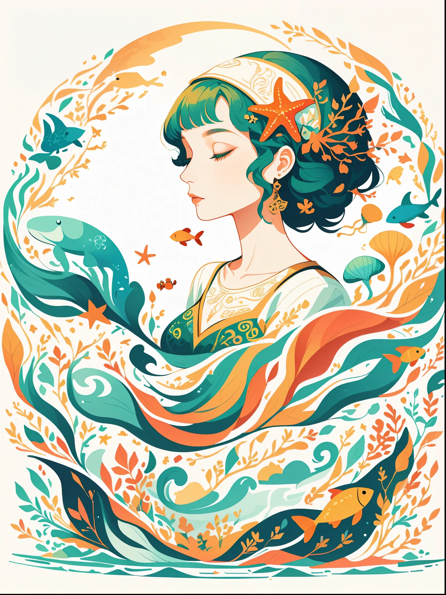 Vector flat illustration art，A girl wears a long blue wavy decoration on her head，Funny illustration of dancing with the waves，There is a small crab on the headdress、coral、starfish、jellyfish、Small fish etc.，（whole body），Her hair consists of many waves and fish、coral、starfish、jellyfish等组成，The background is the sea and the blue moon，（The background blends in with the little girl&#39;s hair），Surround on both sides，Evoking the allure of the enchanting ocean，White background，The murmur of Chinese calligraphy，vivid，flash，reflection，best number，8K，high definition，high resolution，double exposure，Beautiful digital illustration，Evander Earle style，fine details，Paul Signac style，beautiful details