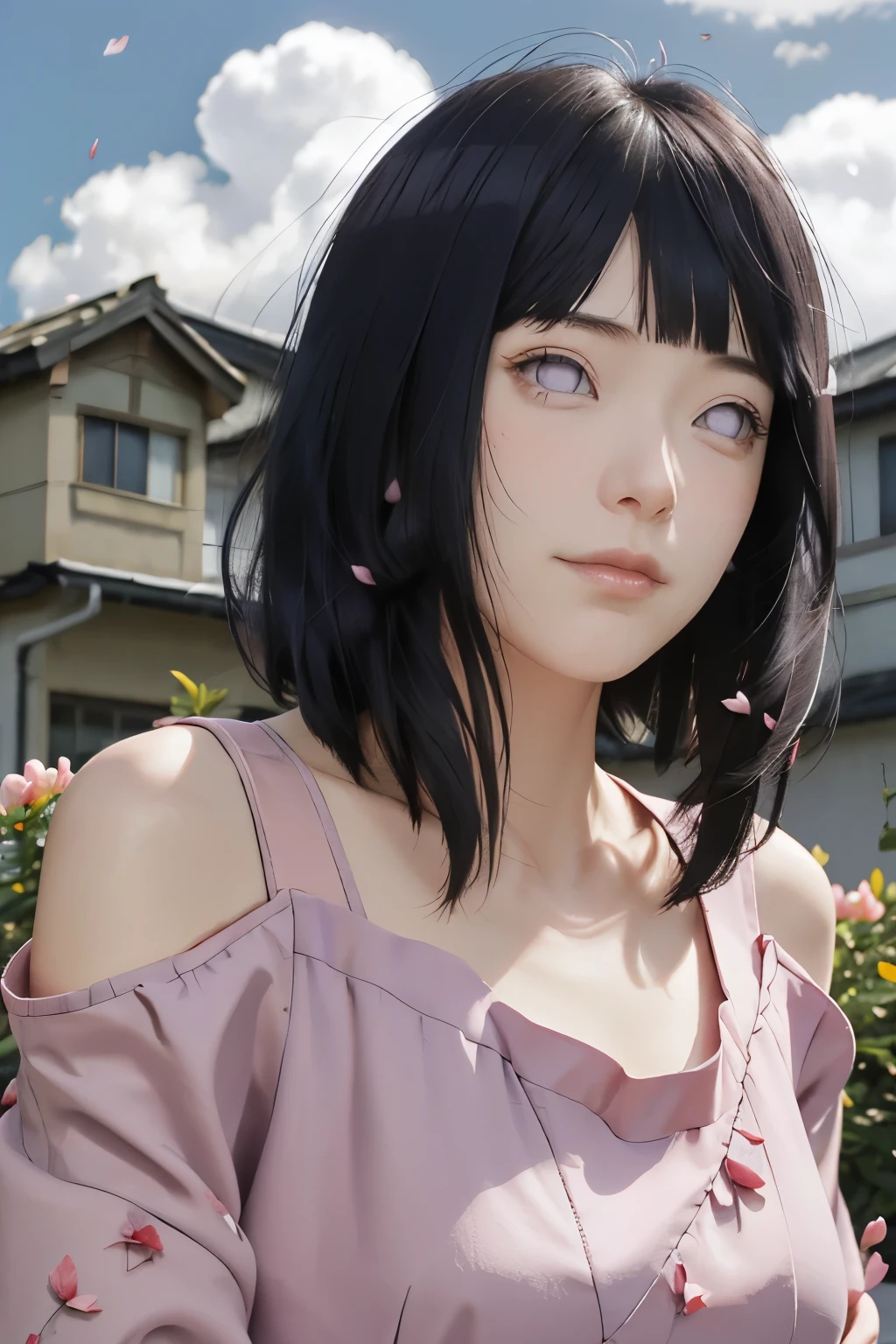 masterpiece, absurdres, hinata\(boruto\), 1girl, solo,mature female, mini dress of shoulder, outdoors, looking at viewer, (falling petals), cloudy sky, perfect composition, detailed lips, big breast, beautiful face, body propotion, blush, (pink lips), long hair, purple eyes, soft gaze, sad smile, super realistic, detailed, photoshoot, realistic face and body