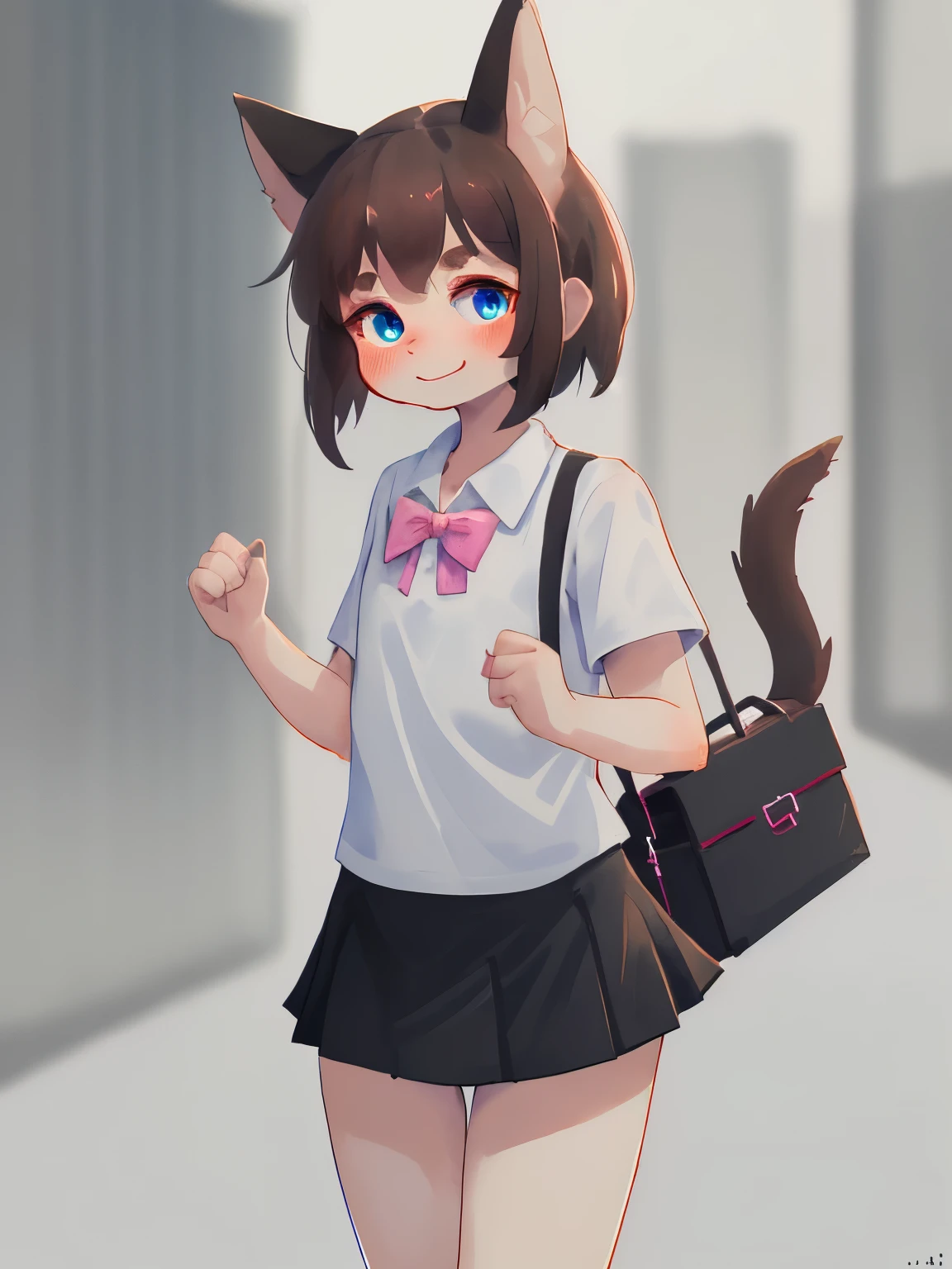 Solo,  outfit, femboy, brown hair, light blue eyes, wear short school shirt, wear black short skirt, smile softly, grabbing black bag, look at camera, very shy, blushes, tail, standing, school background, daytime, low view, high details, wear pink panties, flat chest, shota