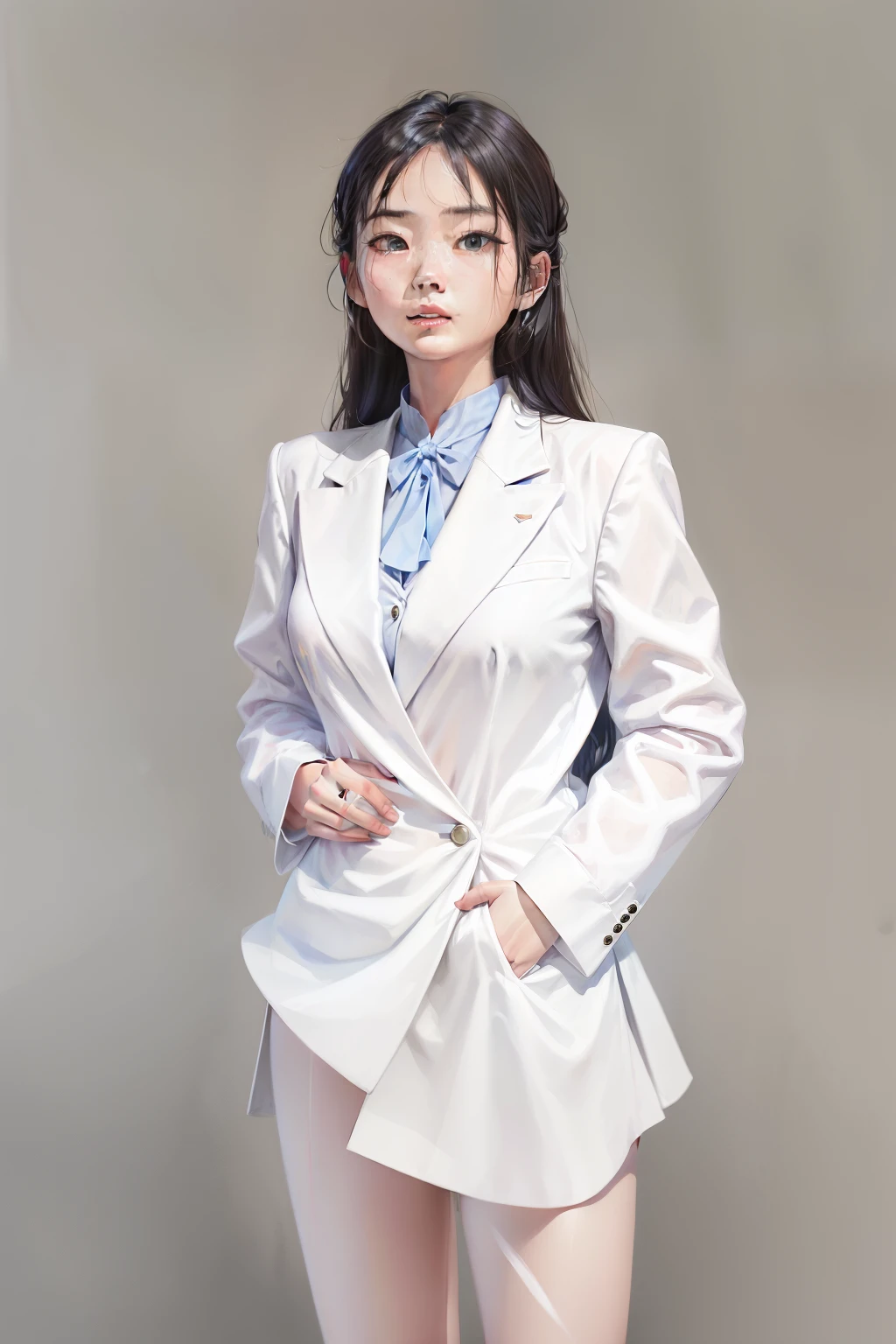 a close up of a woman in a white suit and a blue shirt, Li Zhien, Li Zhien, wearing white suit, Cui Xianhua, Tsai Chongxin style, Shin Min Jung, white suit, Chiho Ajima, louise zhang, full body xianxia, Sun Yunzhu, Minami Zaiwa, Parking distance - minutes