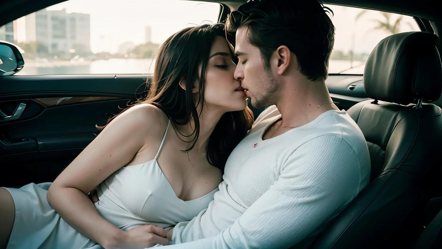 "Imagine an intensely romantic scene: inside a luxurious sports car, the protagonists engage in a passionate and fiery kiss. The soft ambient light from the car's interior highlights their expressions of desire and surrender. The couple's hands intertwine tenderly as their lips meet in a gesture of burning and profound love. The setting is one of pure passion and ecstasy, with time seeming to slow down as they lose themselves in each other."