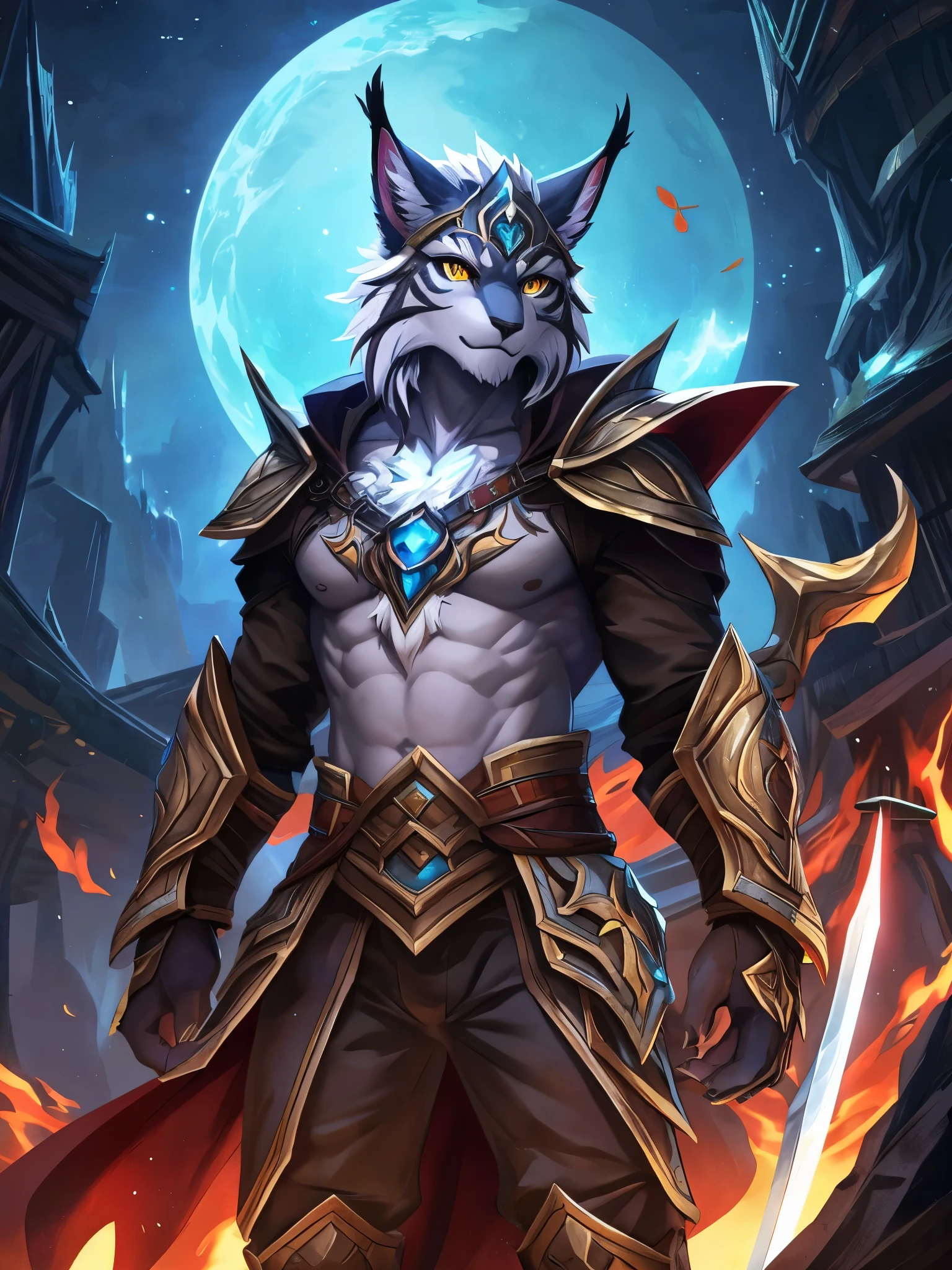 (posted on e621 by Yang J art style), furry, male, Lynx anthro, (Lynx Tail), Solo, yellow eyes, (Realistic eye details:1.2), (beautiful detailed eyes) anime Characterwith sword and armor in a dark room, keqing from genshin impact, 2. 5 d cgi anime fantasy artwork, painted in the style arcane, world of warcraft art style, sylas, character splash art, dnd fantsay art, league of legends art style, wind sorcerer!, detailed fanart, league of legends style art, full body like, slim body, in a panoramic view, good looking