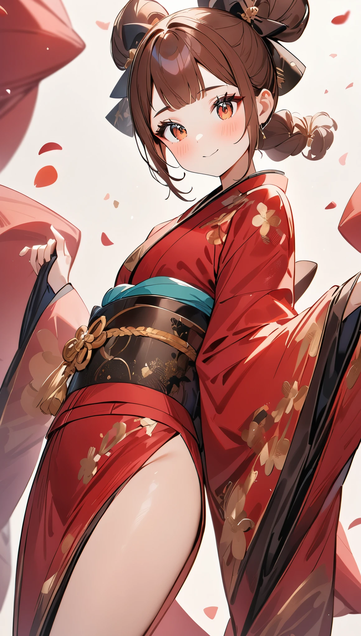 A girl wearing a kimono with black and red patterns on a white background、cute face、An ennui look、geisha prima ballerina、simple background、(masterpiece、highest quality、highest quality、official art、beautiful beautiful:1.2)
