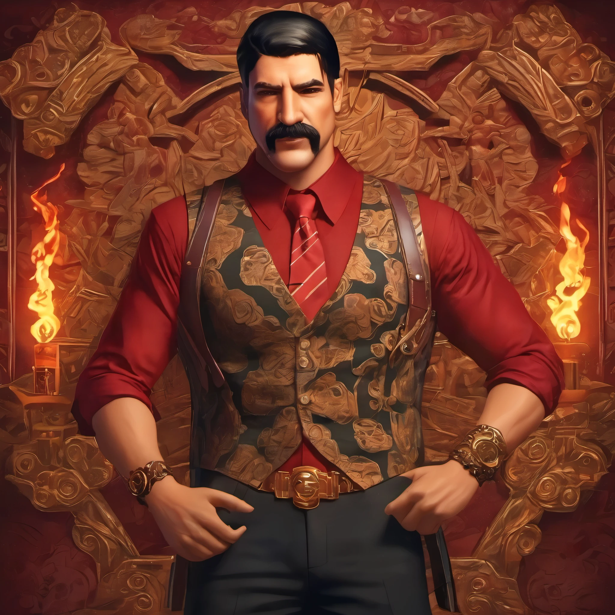 (obra maestra, Mejor calidad:1.2), 1 chico, solo, thenahualli, serious, dangerous man, elegant, elegante, black vest, red shirt, in a tropical casino in las Vegas, rhe casino has a tropical design, torches, the casino has an aztec design, wooden decorations, wood pattern, casino, club, Las Vegas