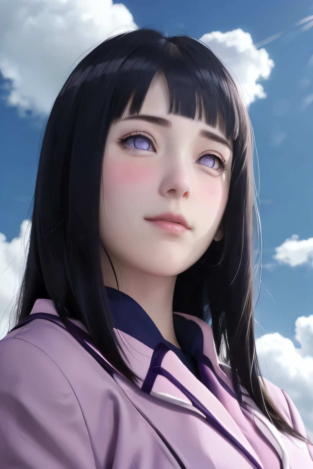 masterpiece, hinata\(boruto\), 1girl, solo, young female, ((((high school uniform)))), (high School), outdoors, looking at viewer, cloudy sky, perfect composition, detailed lips, school building, big breast, beautiful face, body propotion, blush, (pink lips), ((long hair)),  purple eyes,  soft gaze, sad smile,  super realistic, detailed, photoshoot, realistic face and body,  realistic hair, realistic eyes, realistic nose, realistic lips, (((dark blue hair))), 19 years old girl,  flowing skirt