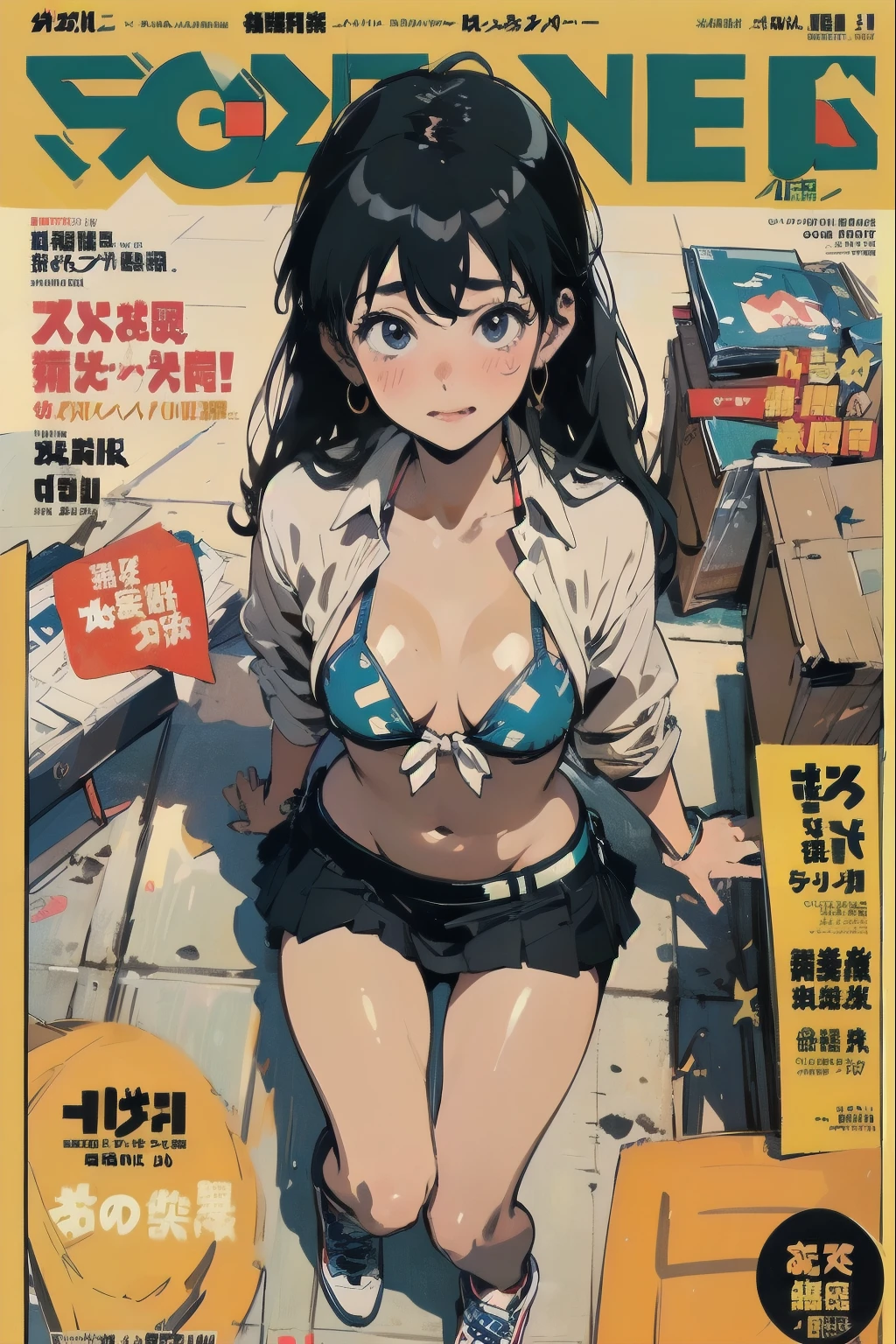beautiful anime-style girl, ,clean small surfaces, cyberpunk, bikini-armor、 (magazine cover:1.8)、((From above:1.2))、(stretch your back)、(dynamic pose:1.1), Cute 1 girl, highest quality、ウルトラ - High resolution、High resolution、Highly detailed CG、8k unit wallpaper、、detailed and beautiful eyes, pigtails、(((colorful super shiny latex bikini)))、((( black skin, open chest shirt, Latex Super Mini Skirt, tech sneakers, cleavage ,)))、(shiny body,:1.5)、blush, Sweat,please be shy、(Ahegao:1.5)、(stick out your tongue)、red blush、please be shy、(Ahegao:1.5)、full of embarrassment、turned up skirt