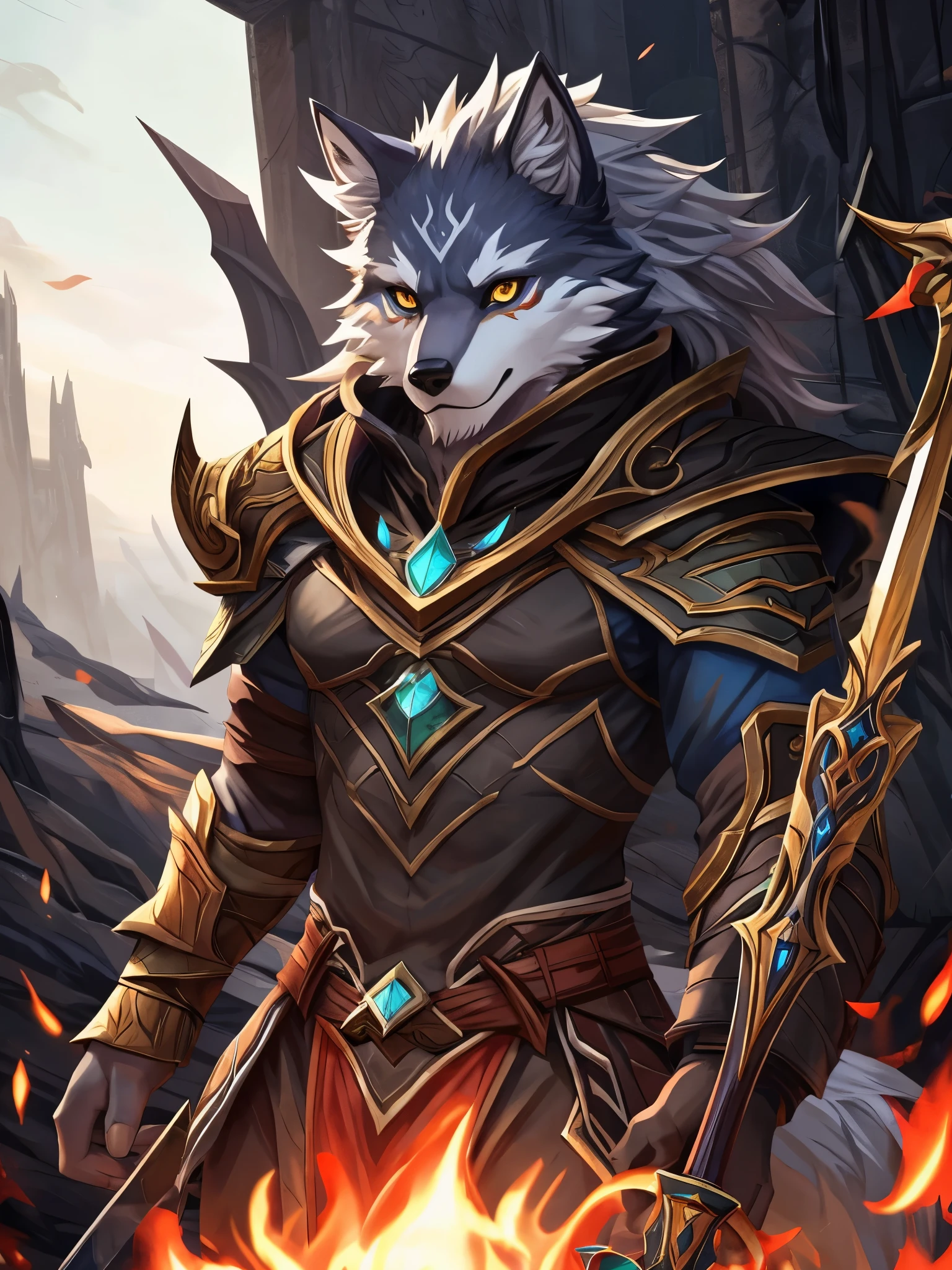 (posted on e621 by Yang J art style), furry, male, Wolf anthro, (Wolf Tail), Solo, yellow eyes, (Realistic eye details:1.2), (beautiful detailed eyes) anime Characterwith sword and armor in a dark room, keqing from genshin impact, 2. 5 d cgi anime fantasy artwork, painted in the style arcane, world of warcraft art style, sylas, character splash art, dnd fantsay art, league of legends art style, wind sorcerer!, detailed fanart, league of legends style art, full body like, slim body, in a panoramic view, good looking